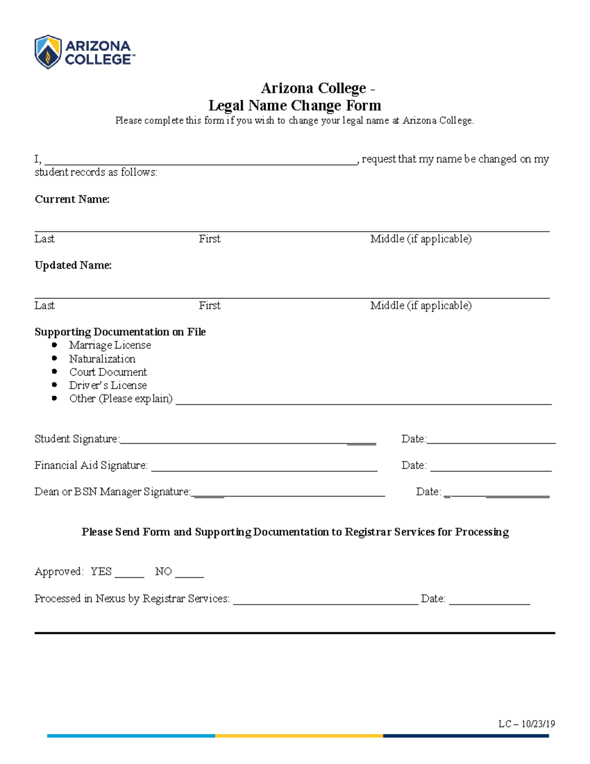 Name Change Form Arizona College Legal Name Change Form Please