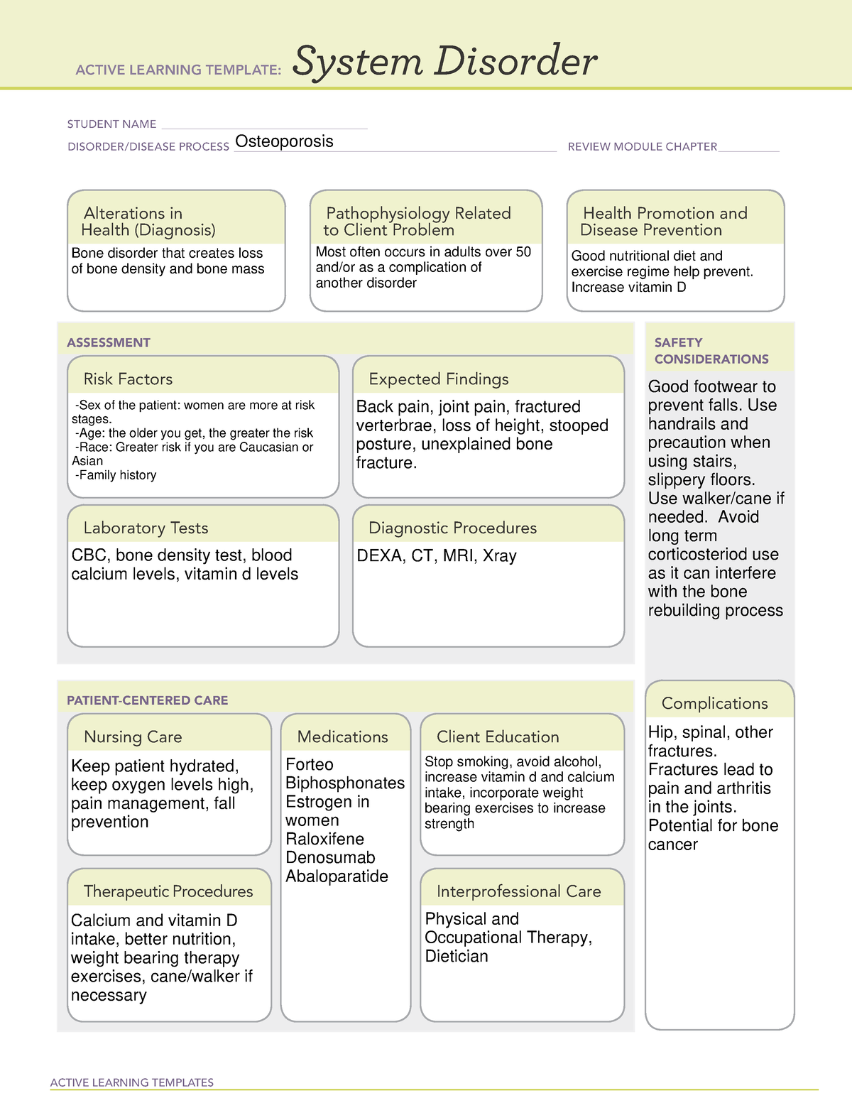 System Disorder Template Osteoporosis ACTIVE LEARNING TEMPLATES