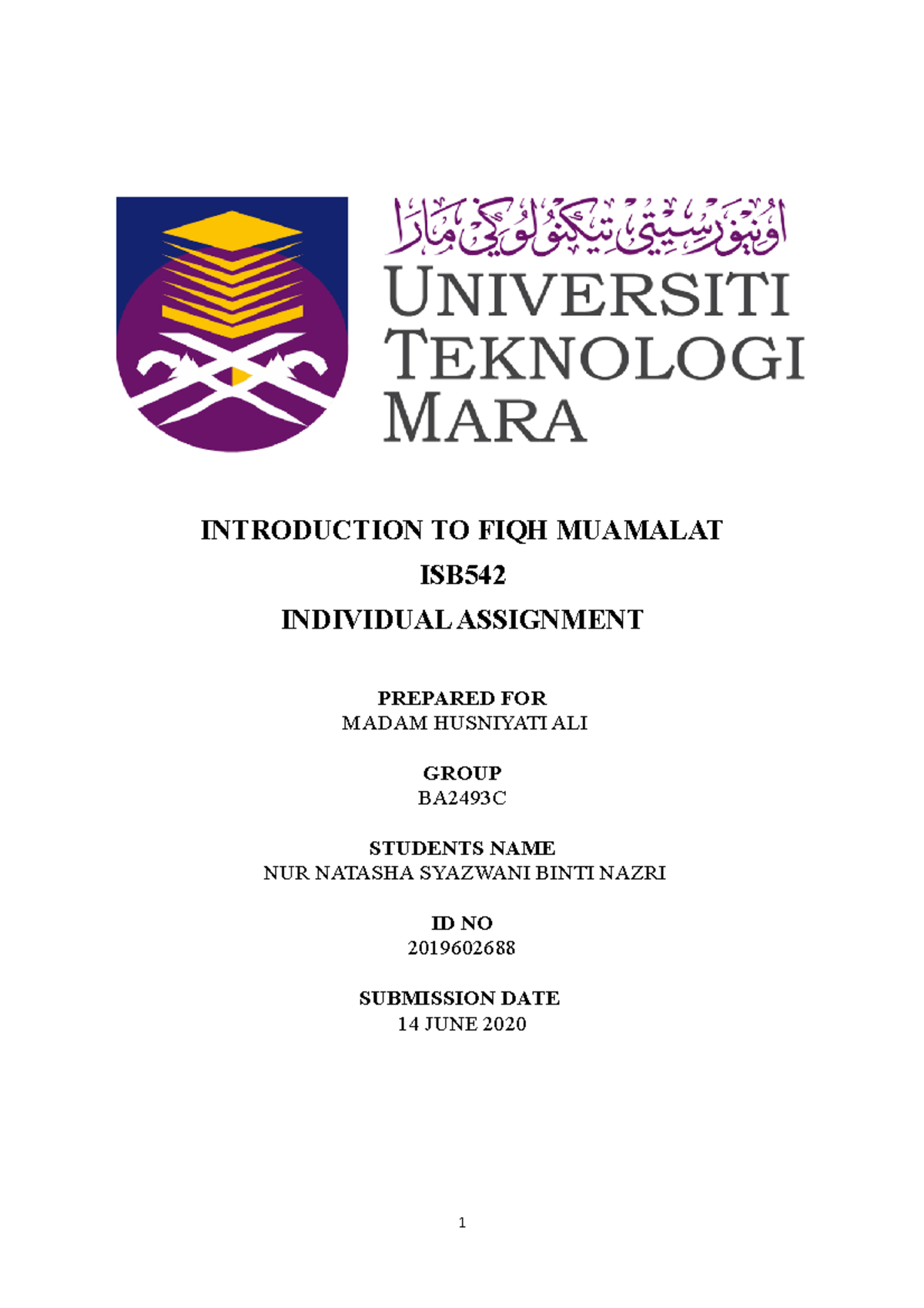 Fiqh Muamalat - INTRODUCTION TO FIQH MUAMALAT ISB INDIVIDUAL ASSIGNMENT ...