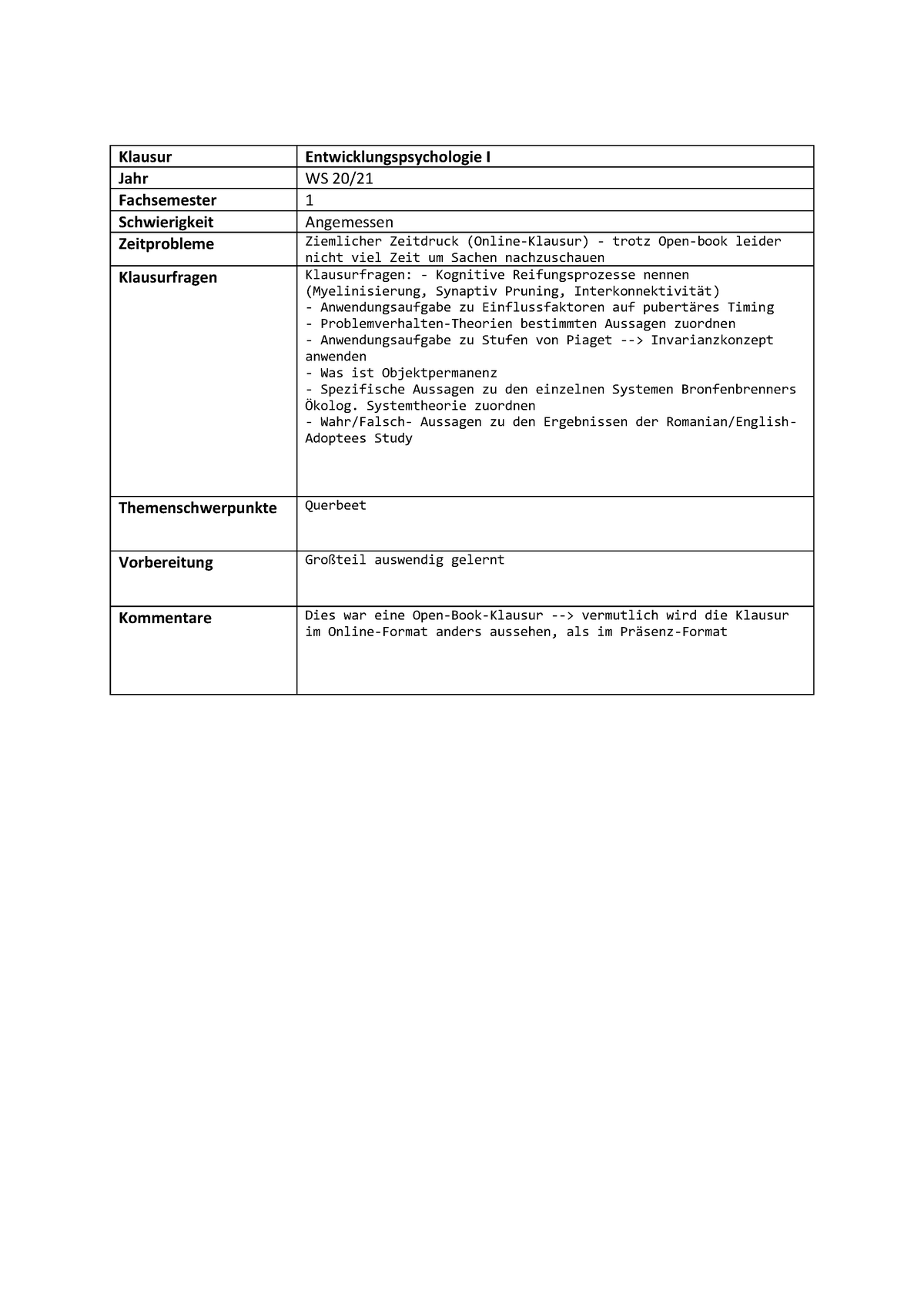 BPSY Entwicklungspsychologie I WS2021 Klausur