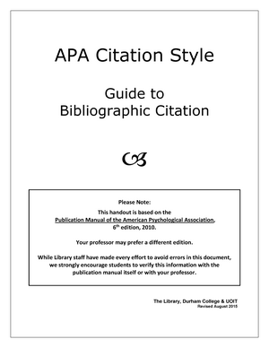 Apa Aug15 Rev Jul18 P Dur Apa Citation Style Guide To Bibliographic Citation Please Note This Handout Is Based On The Publication Manual Of The American Studocu