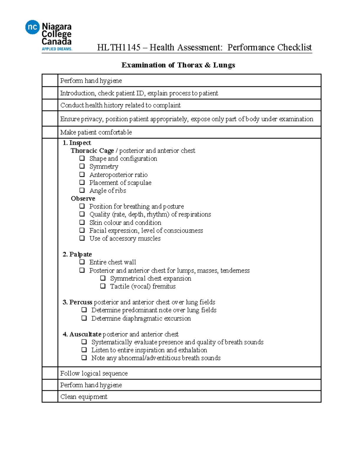 Lungs & Thorax Examination Checklist - HLTH1145 – Health Assessment ...