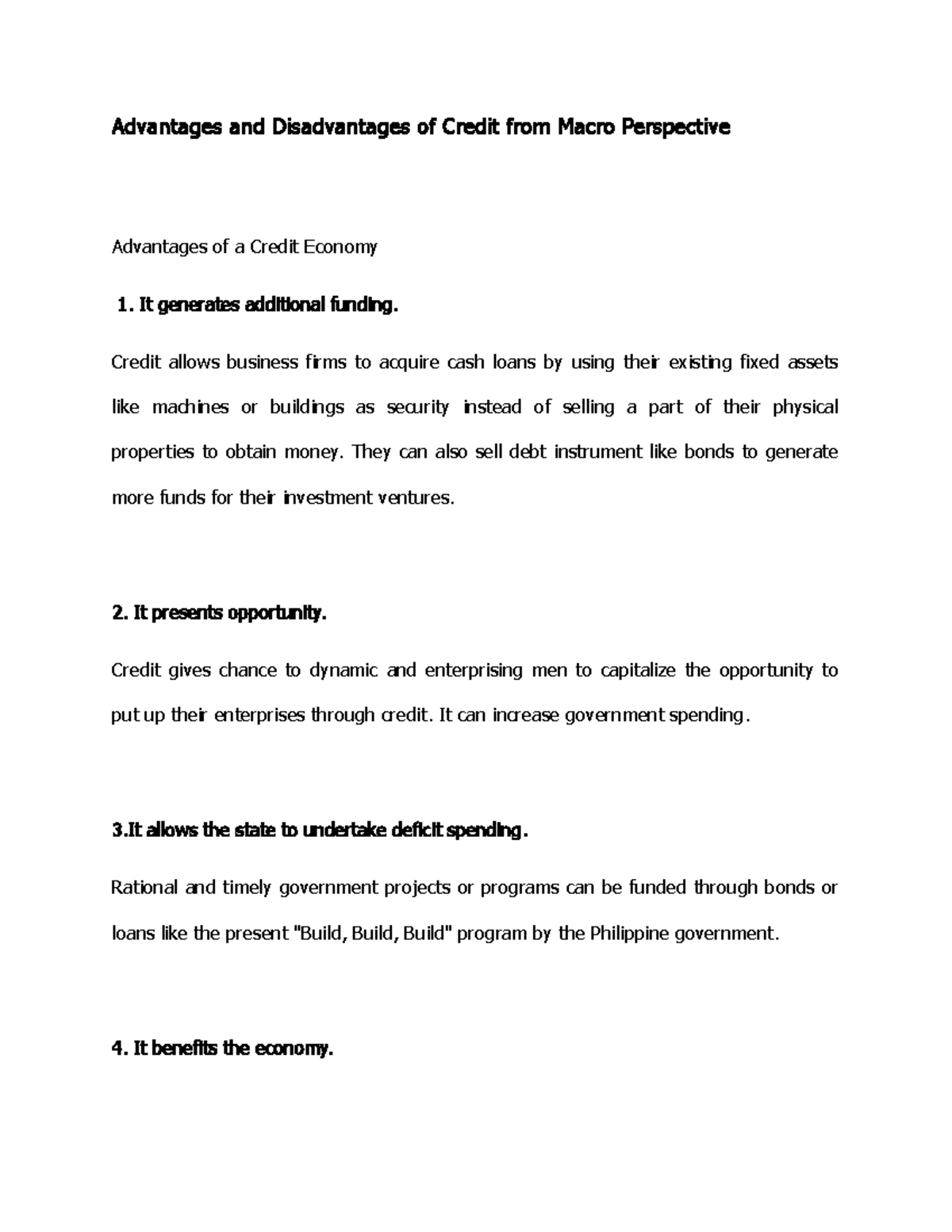 Advantages and Disadvantages of Credit from Macro Perspective Credit