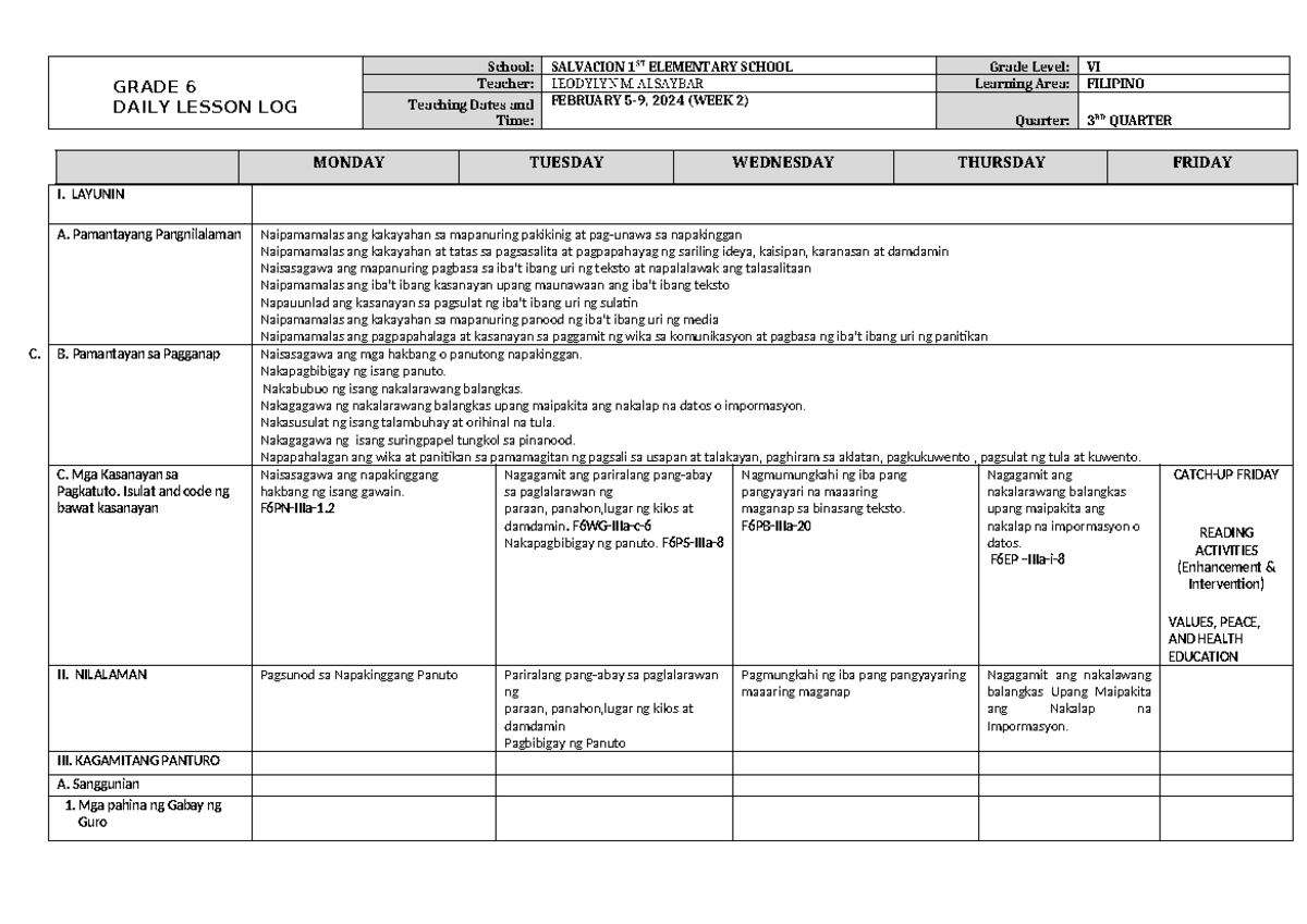 DLL Filipino 6 Q3 W2 - dll - GRADE 6 DAILY LESSON LOG School: SALVACION ...