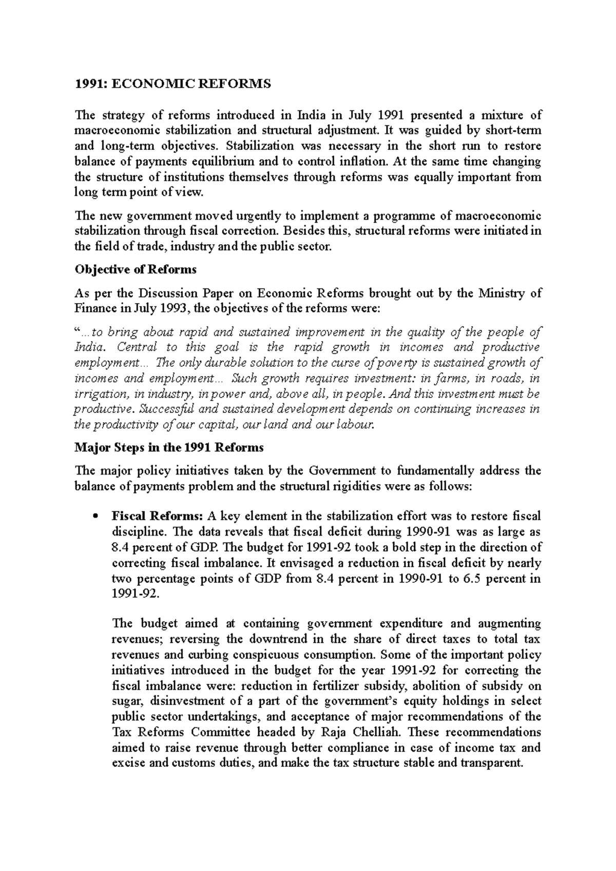 1991 Economic Reforms - Lecture notes 2-7 - 1991: ECONOMIC REFORMS The ...