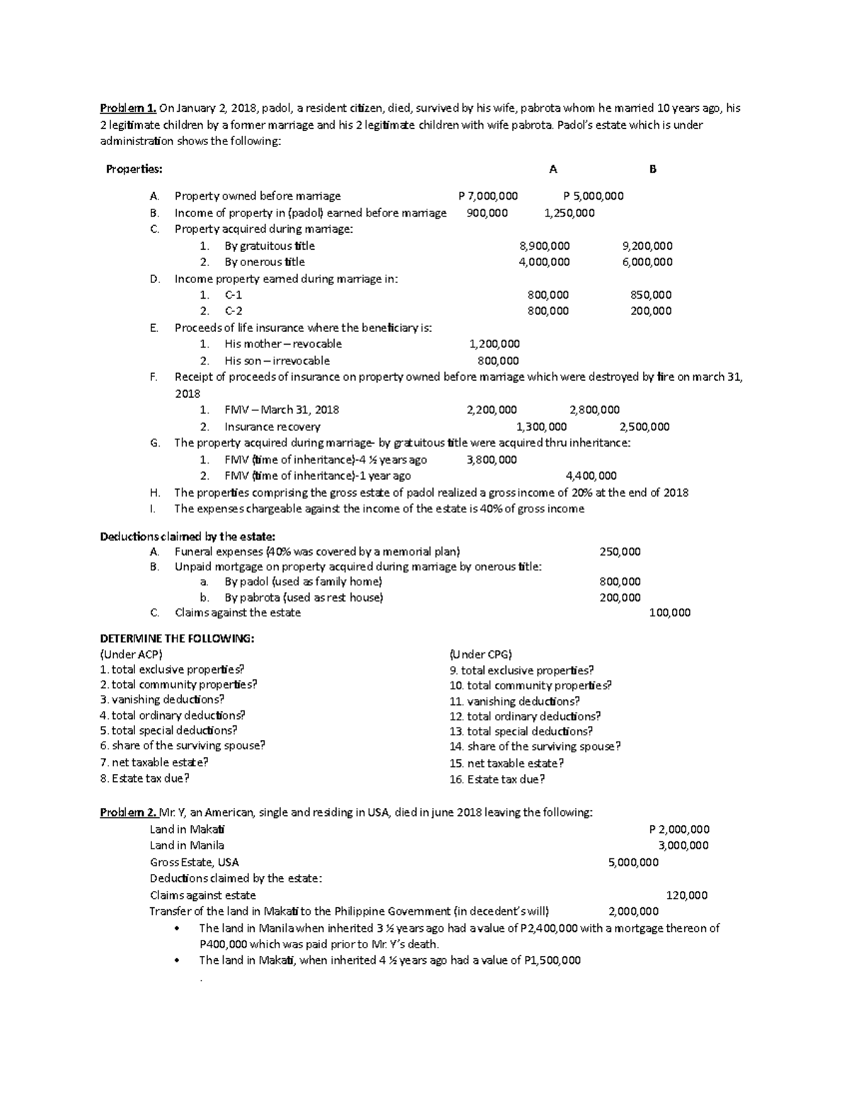 Estate tax 2021 - Problem 1. On January 2, 2018, padol, a resident ...