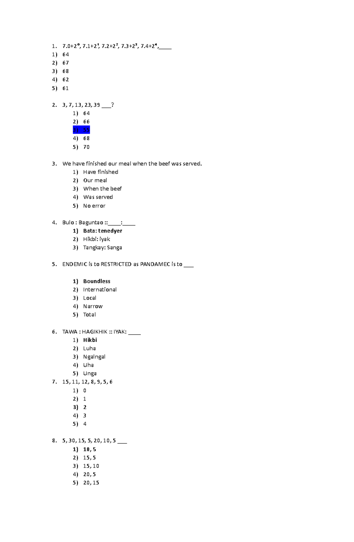 Actual Exam Questions with answer 2 - 1. 7+2⁰, 7+2¹, 7+2², 7+2³, 7+2⁴ ...