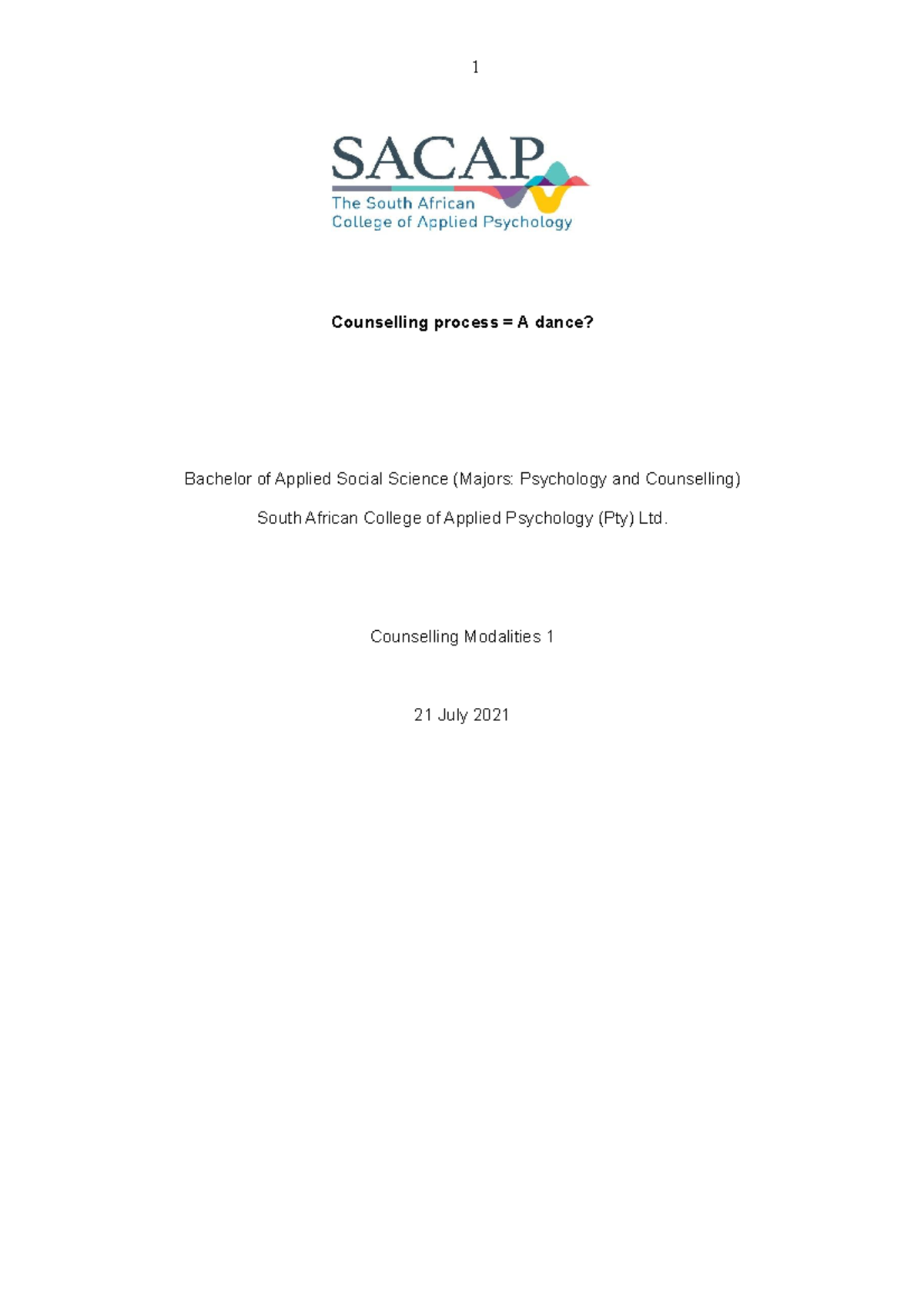 Counselling Modalities 1-Marked 64% (Assignment 1) - Counselling ...