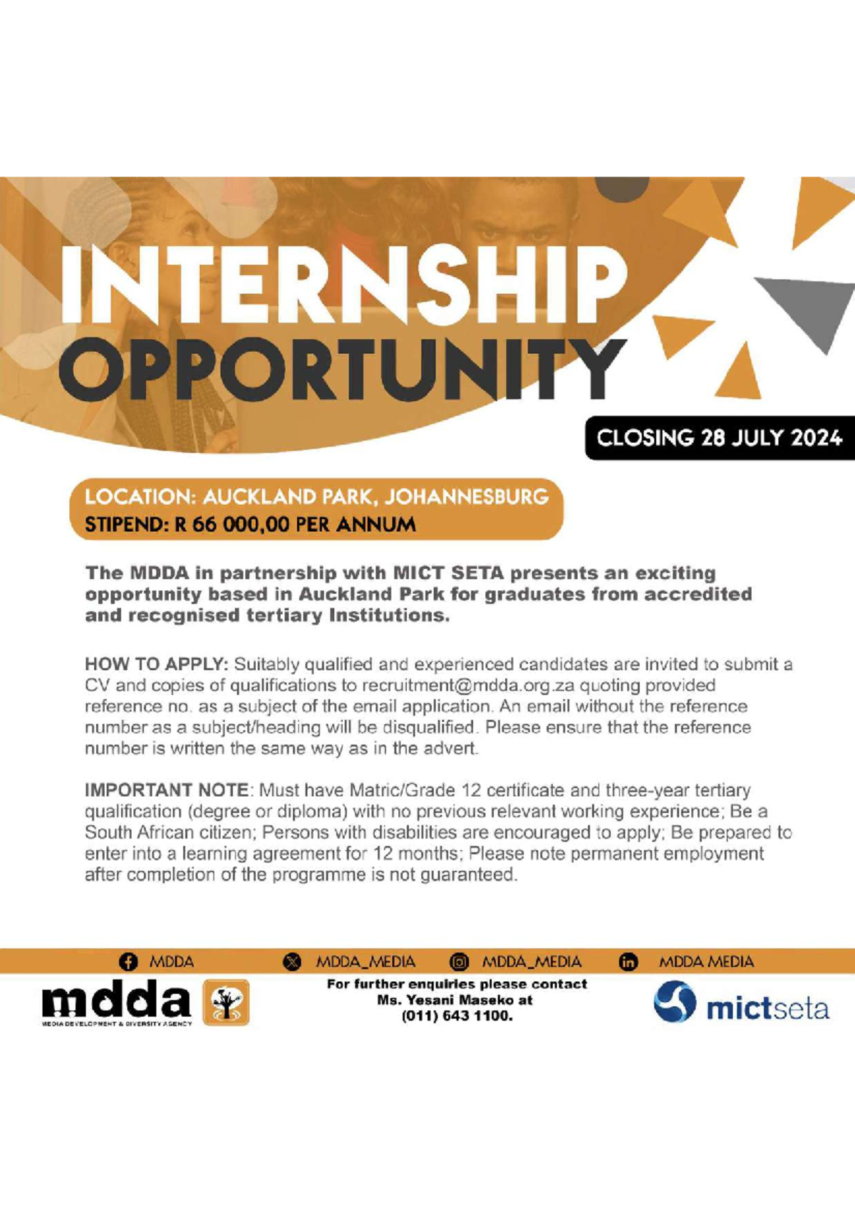 Mdda1 - N/A - INTERNSHIP OPPORTUNITY CLOSING 28 JULY 2024 LOCATION ...