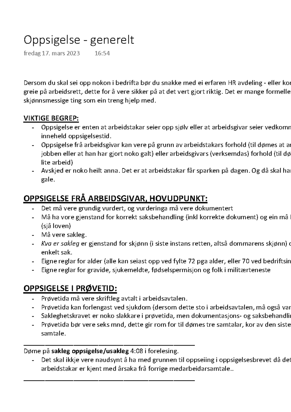 Oppsigelse generelt Notater fra forelesing. SUPER til eksamen