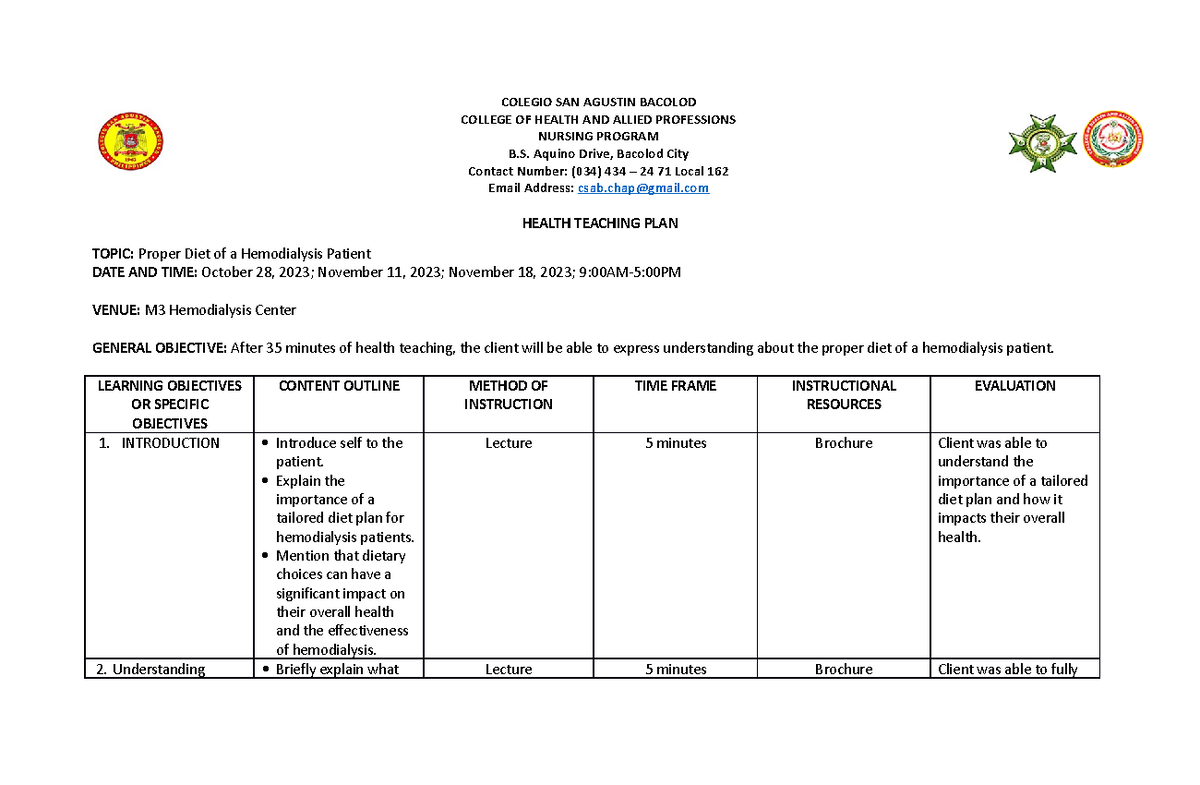 Health Teaching PLan Format-1 - COLEGIO SAN AGUSTIN BACOLOD COLLEGE OF ...