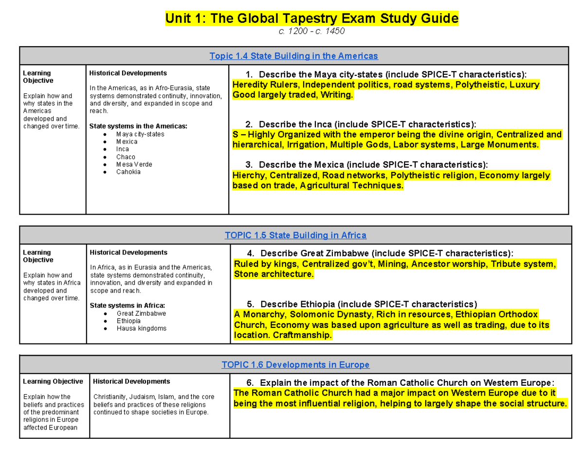 Review HW 2 Unit 1 Study Guide 1200-1450 Americas Europe Japan - Unit 1 ...