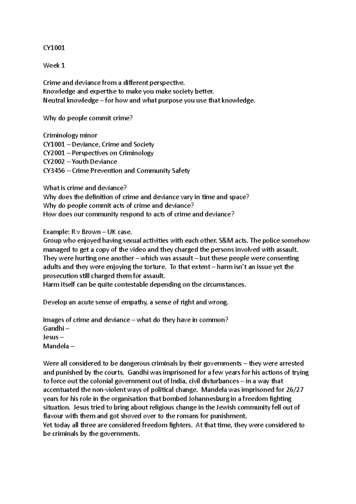 CY1001 Upload - Lecture notes 1 - 8 - CY Week 1 Crime and deviance from ...