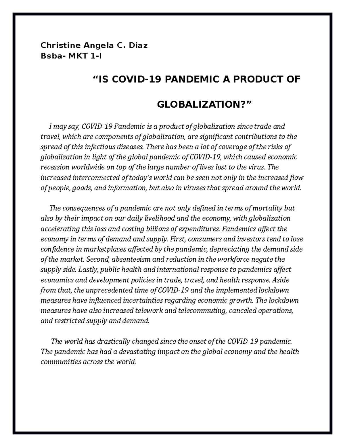 covid 19 impact on globalization essay