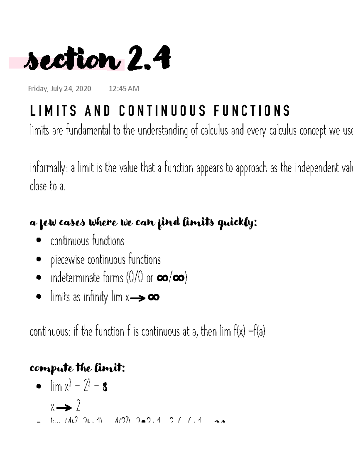 MATH 110 Section 2.4 L I M I T S A N D C O N T I N U O U S F U N C T