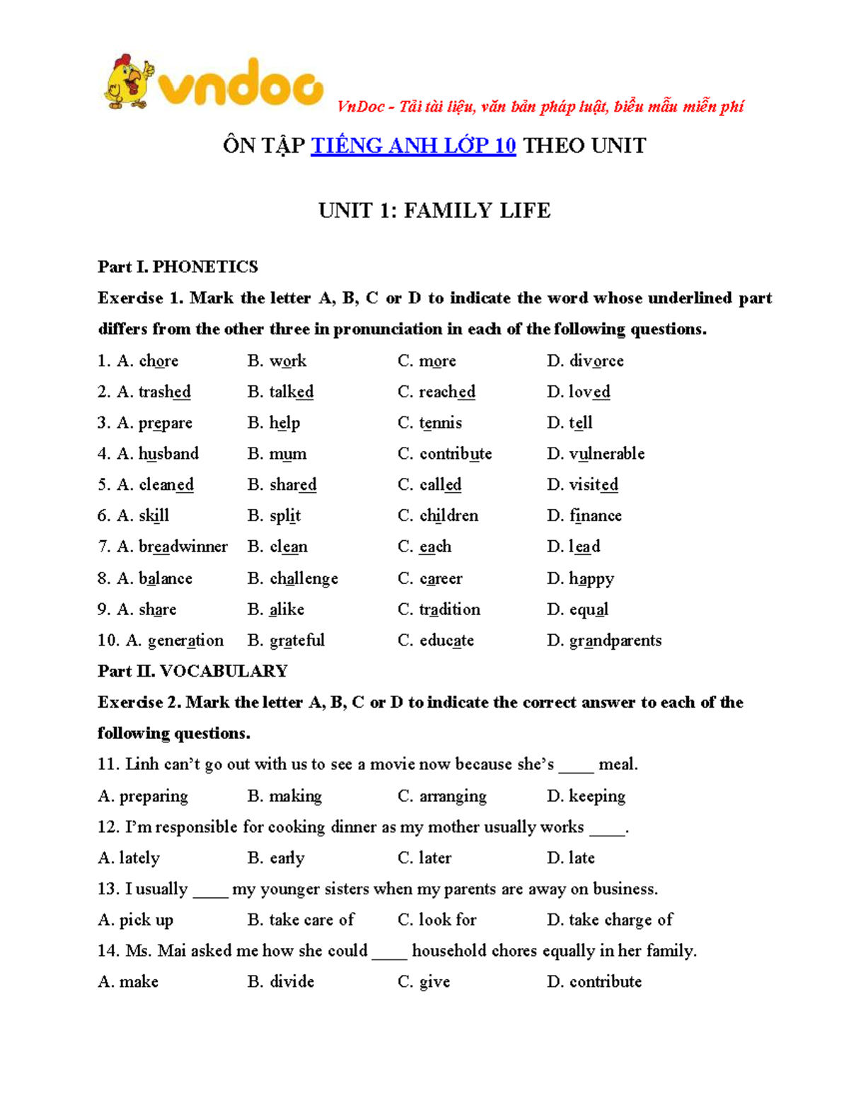 Bai tap tieng anh lop 10 unit 1 chuong trinh moi - ÔN TẬP TIẾNG ANH LỚP ...