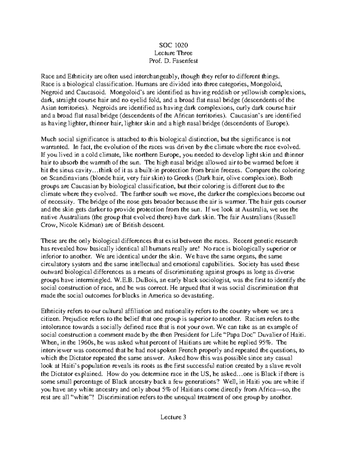 Lecture 3 Race and Ethnicity - SOC 1020 Lecture Three Prof. D ...