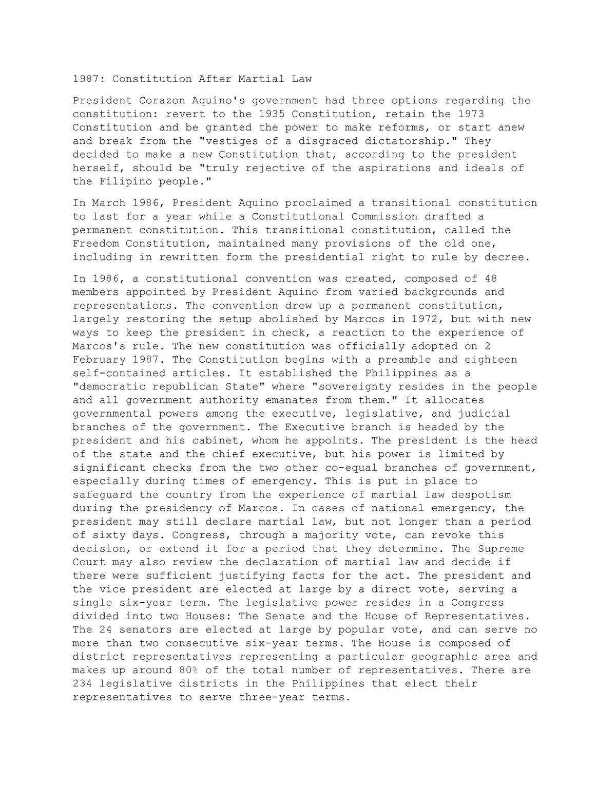 1987 constitution after martial law essay