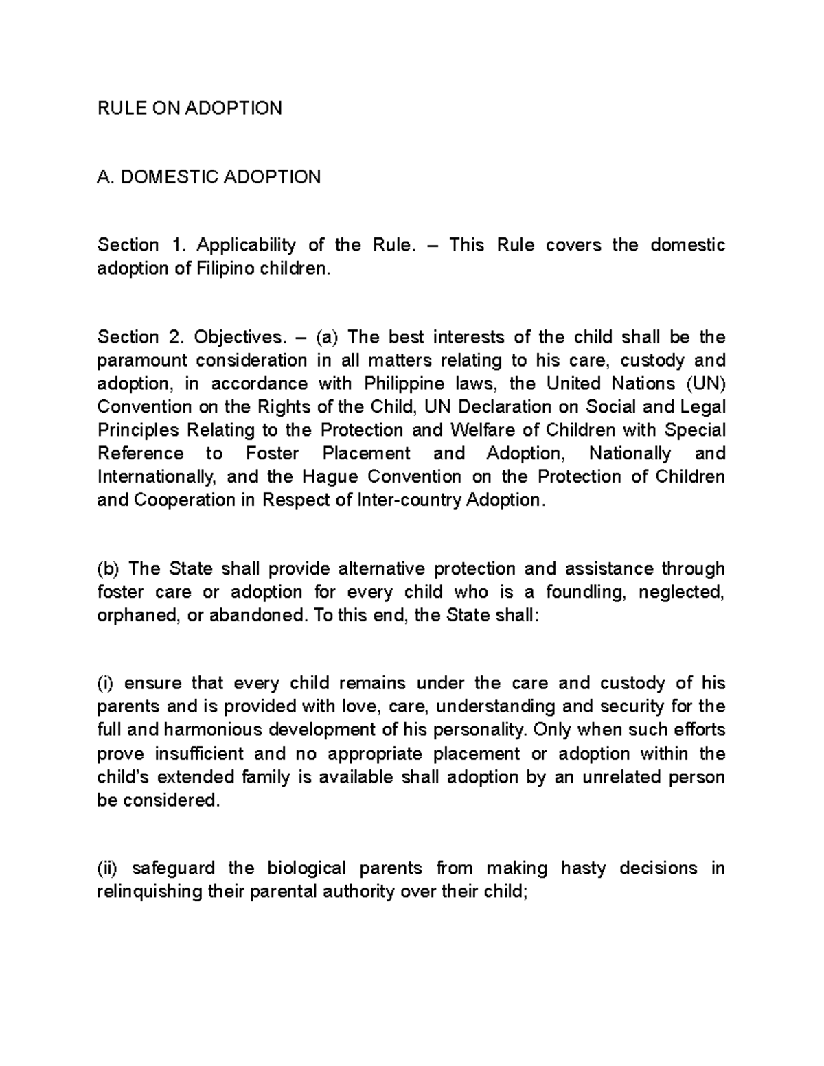 RULE ON Adoption - RULE ON ADOPTION A. DOMESTIC ADOPTION Section 1 ...