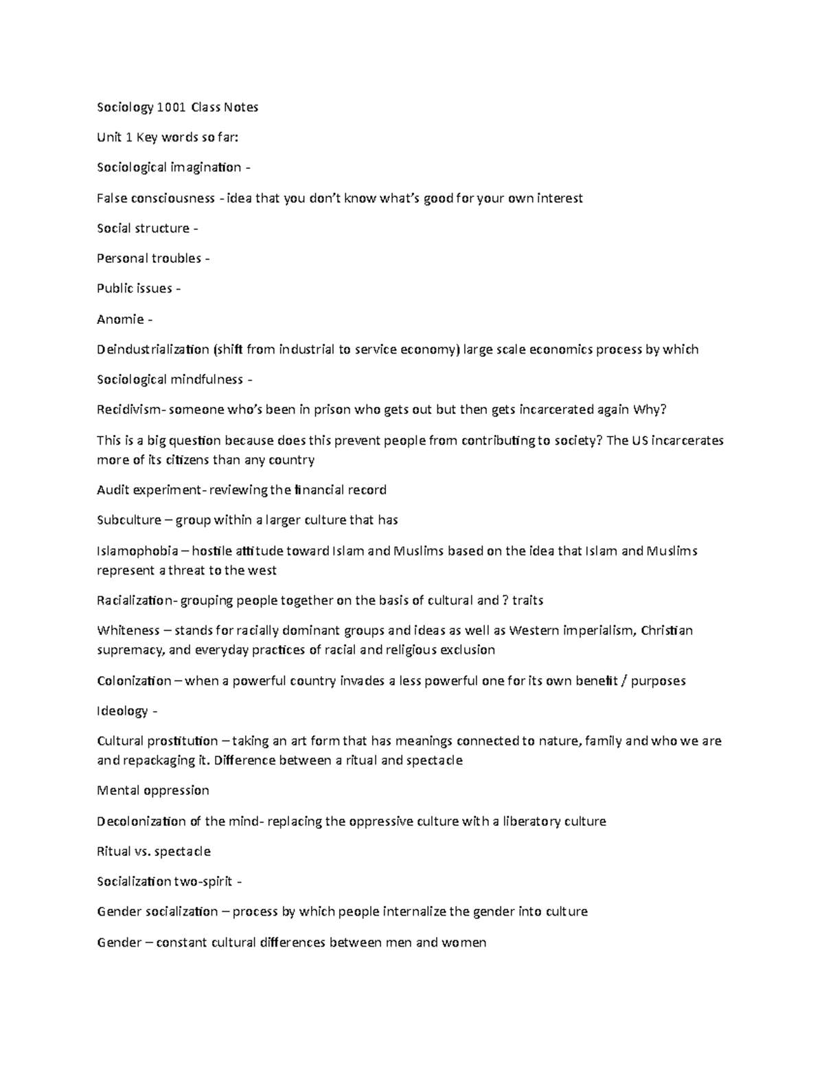 Sociology 1001 Class Notes - Sociology 1001 Class Notes Unit 1 Key ...