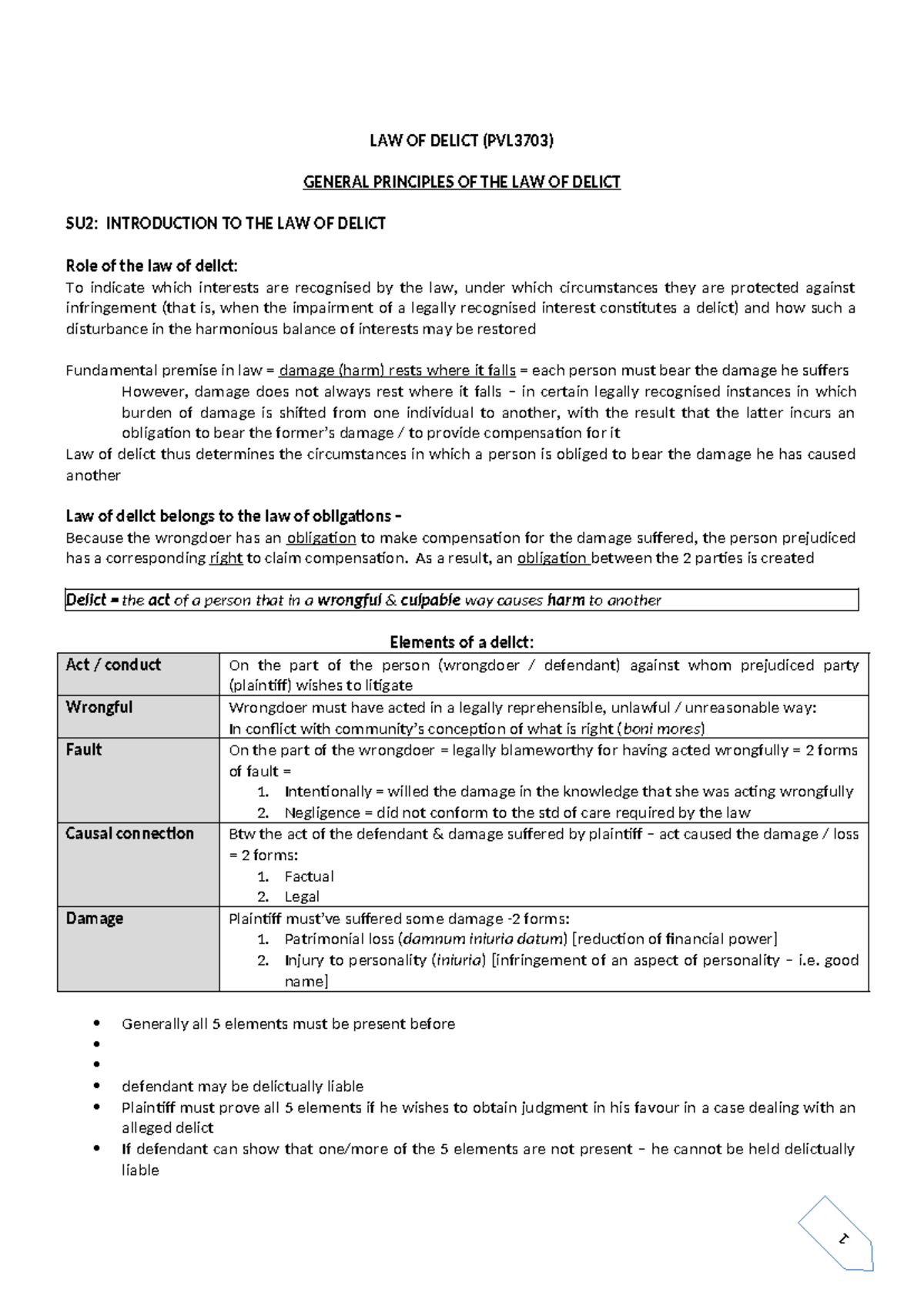 PVL3703- Law Of Delict Summary Notes - LAW OF DELICT (PVL3703) GENERAL ...