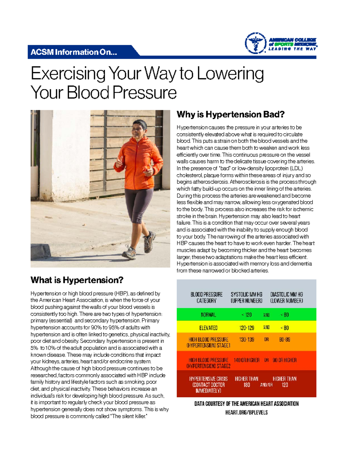 Hypertension ACSM Information On... Exercising Your Way to Lowering Your Blood Pressure What