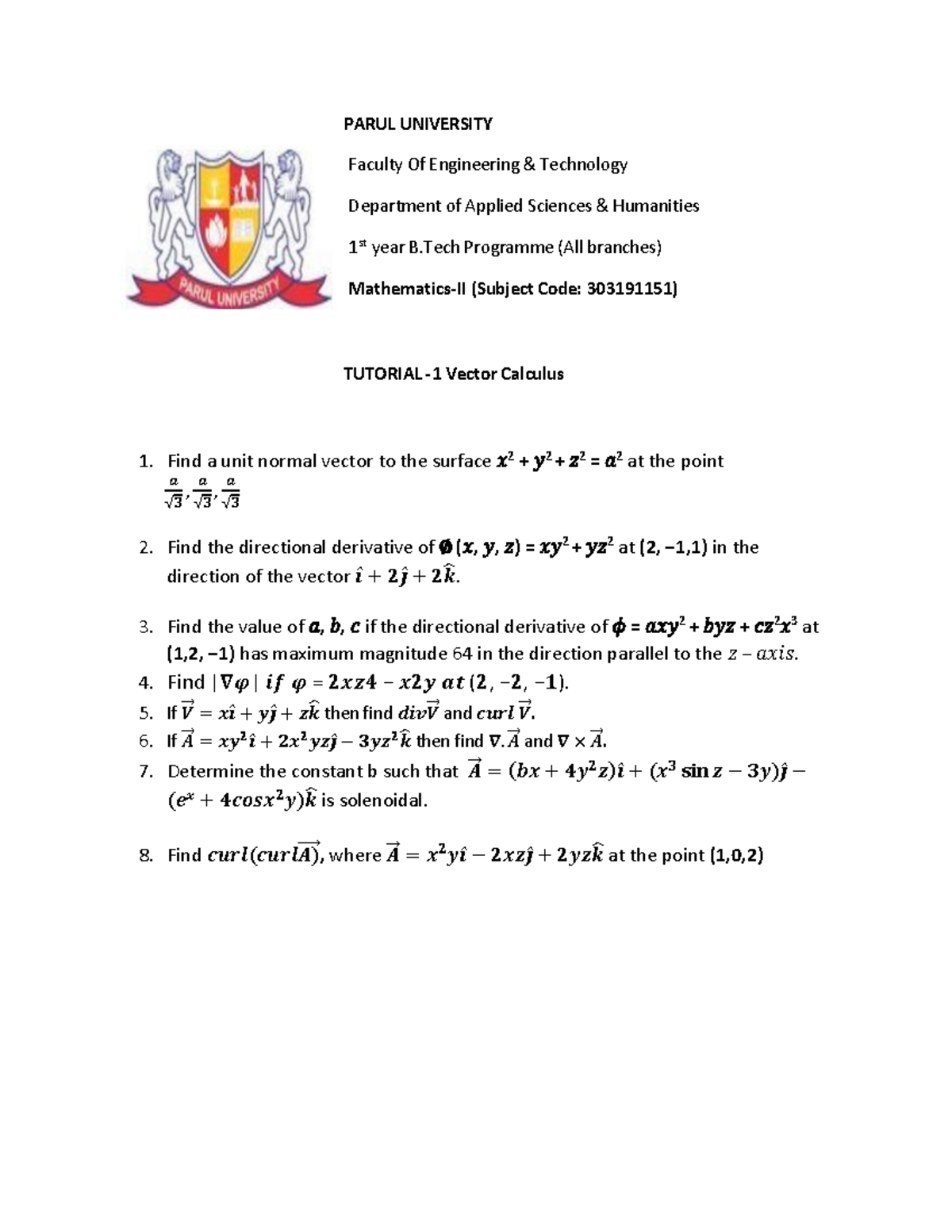 Tutorial-1 - Maths - PARUL UNIVERSITY Faculty Of Engineering ...