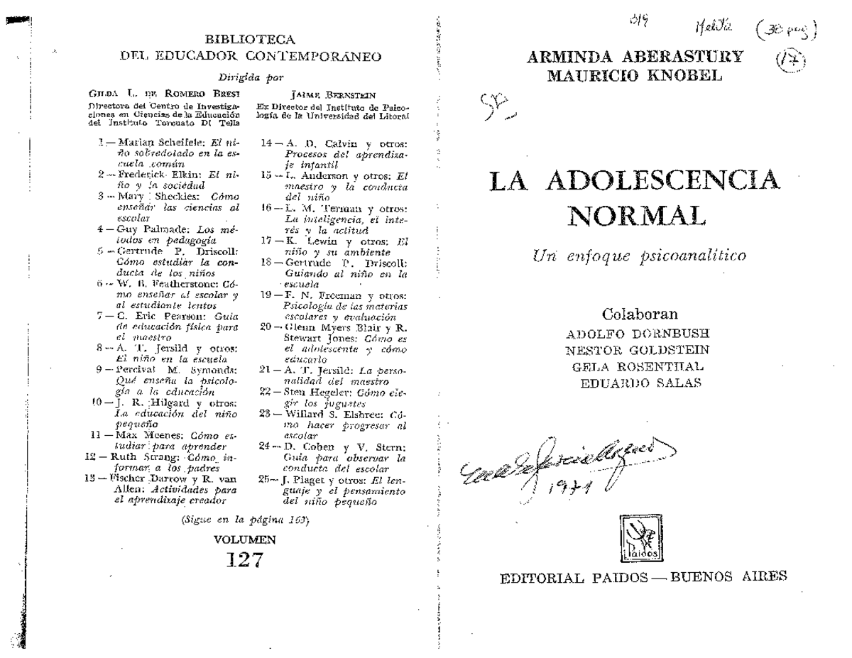 Sindrome DE LA Adolescencia Normal Knobel Mauricio Cap. II - Psicología
