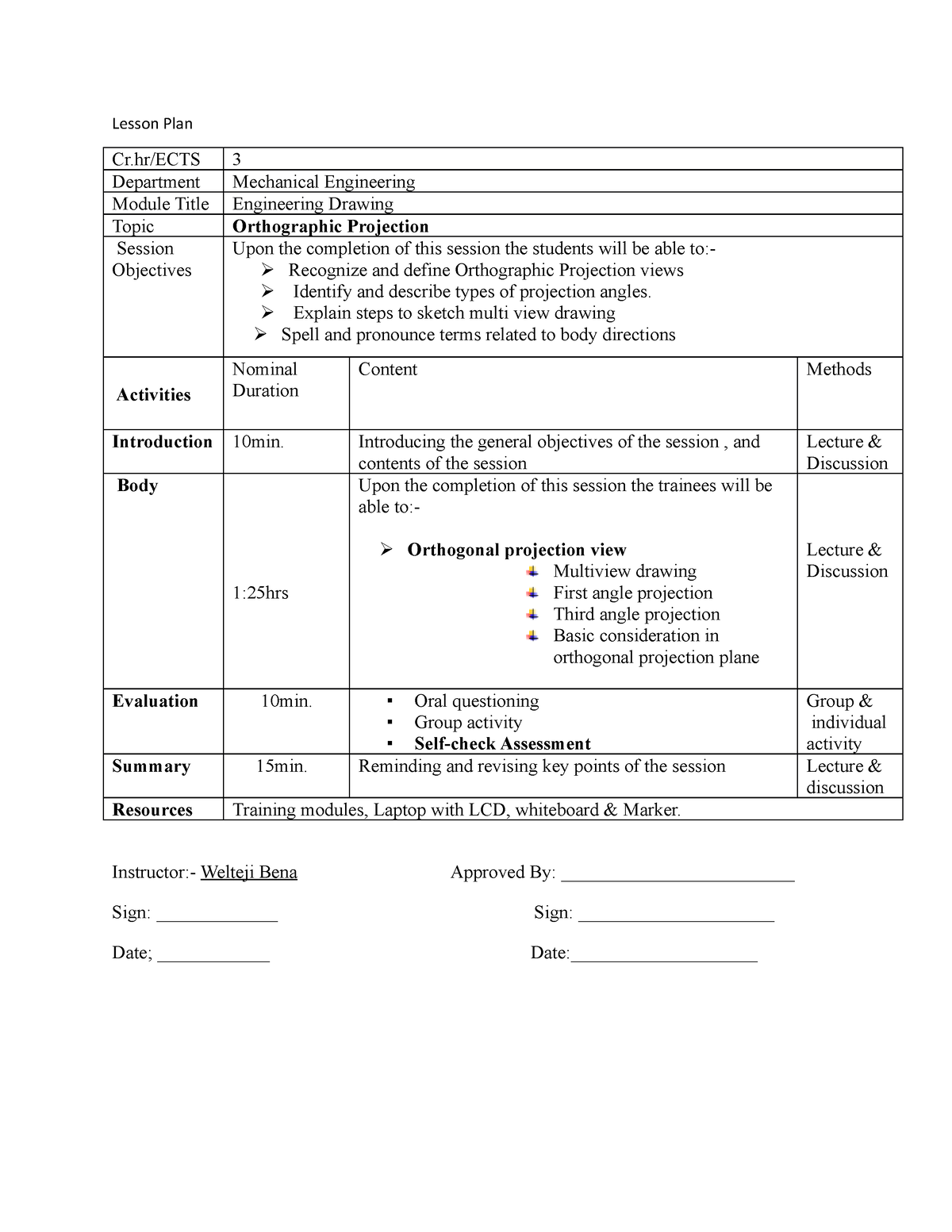 Lesson Plan Lesson Plan Cr ECTS 3 Department Mechanical Engineering 