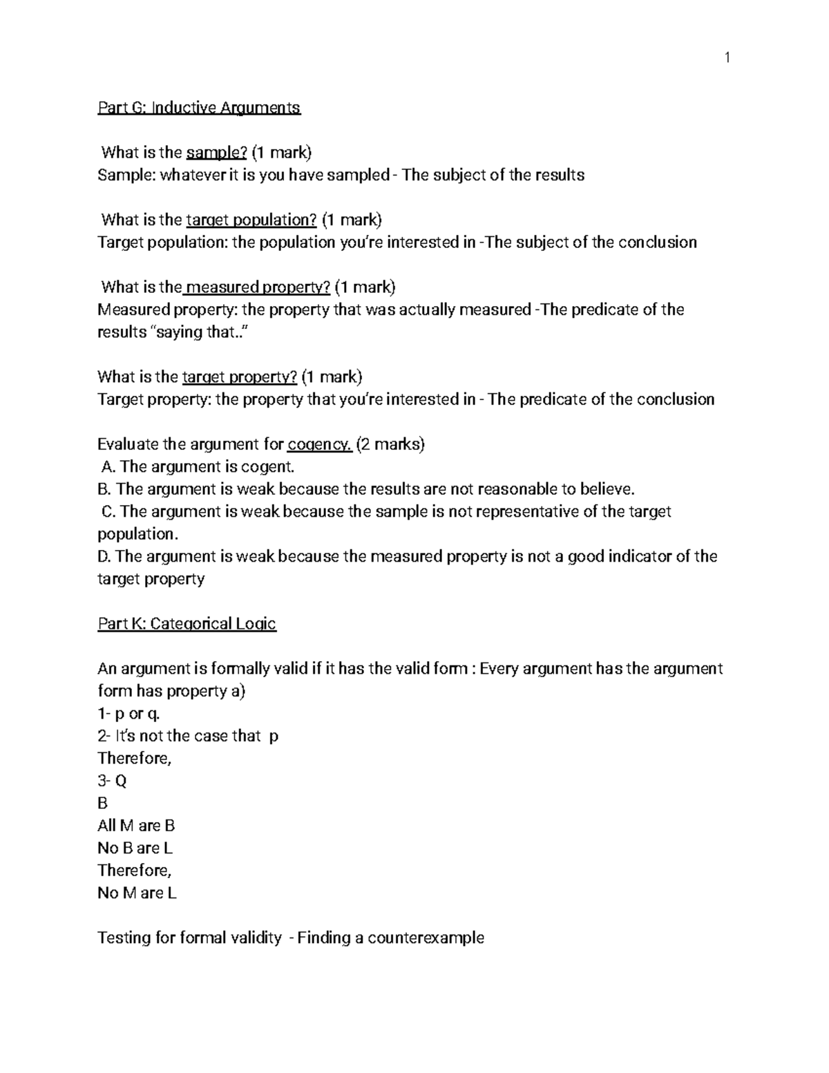 CT Final prep - Part G: Inductive Arguments What is the sample? (1 mark ...