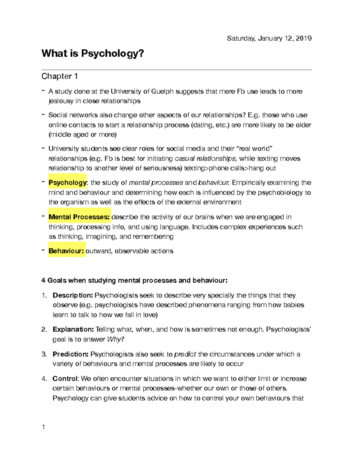 Chapter 1 - Lecture notes 1 - What is Psychology? Chapter 1 - A study ...