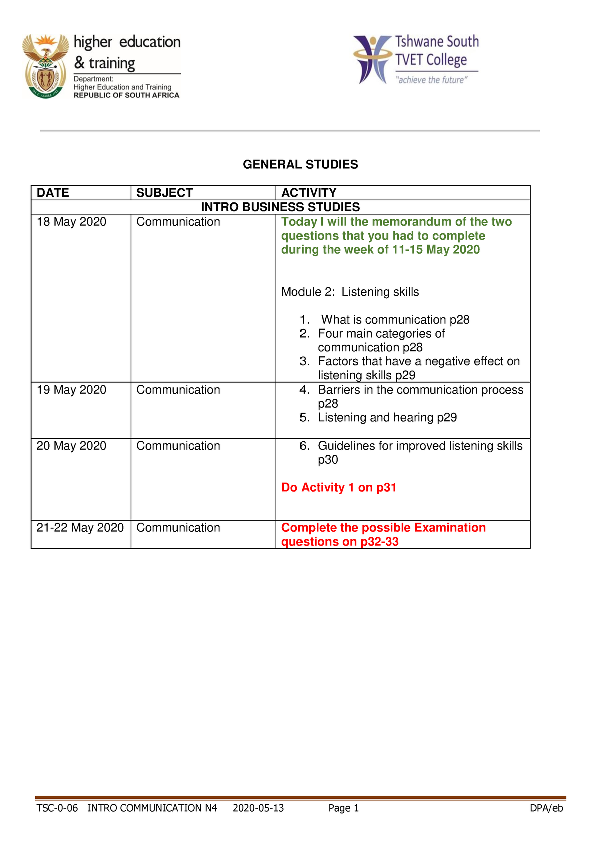 GS Intro Communication N4 - 18-22 MAY 2020 - TSC-0-06 INTRO ...