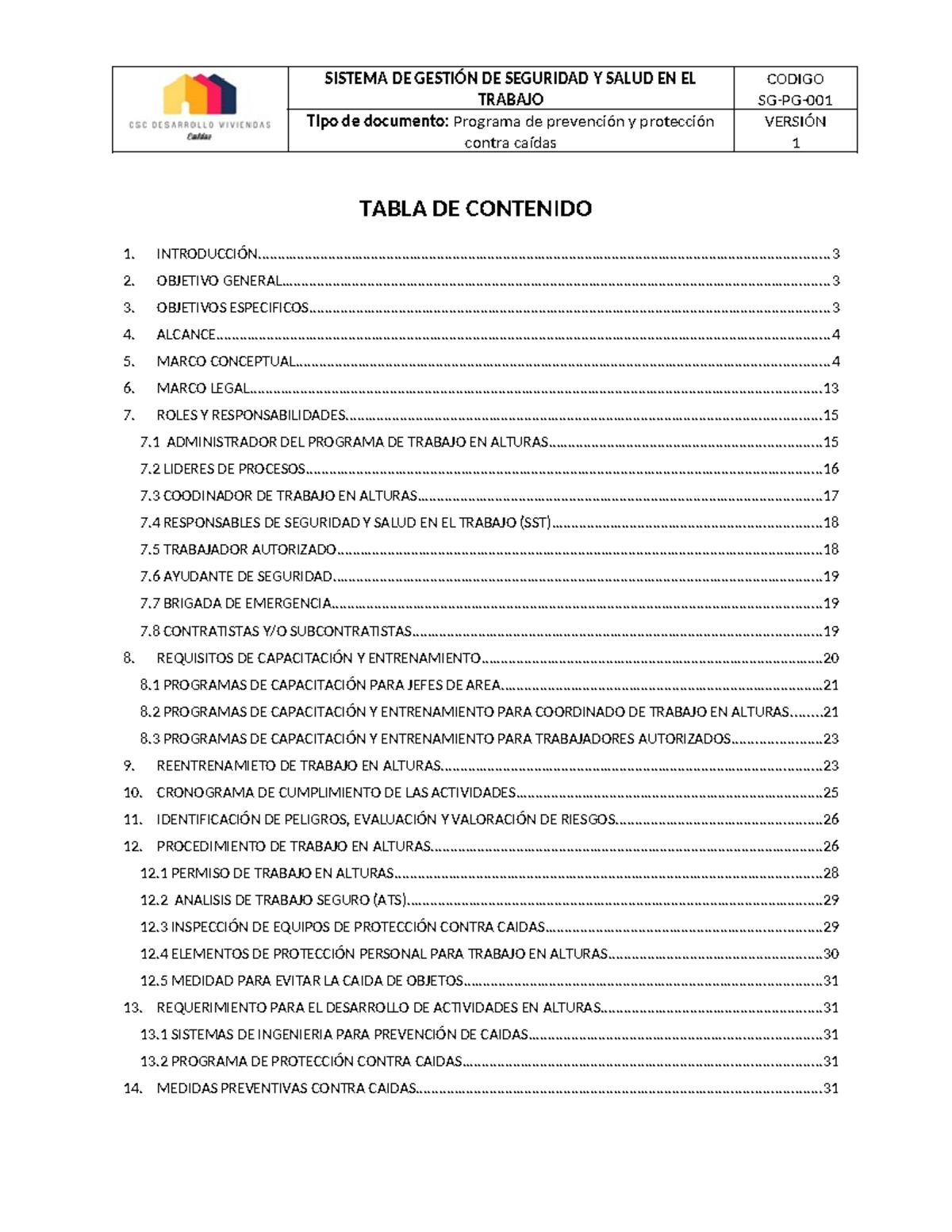 SG-PG-001 Programa DE Preven. Y PROT. Contra Caidas - TRABAJO Tipo de ...