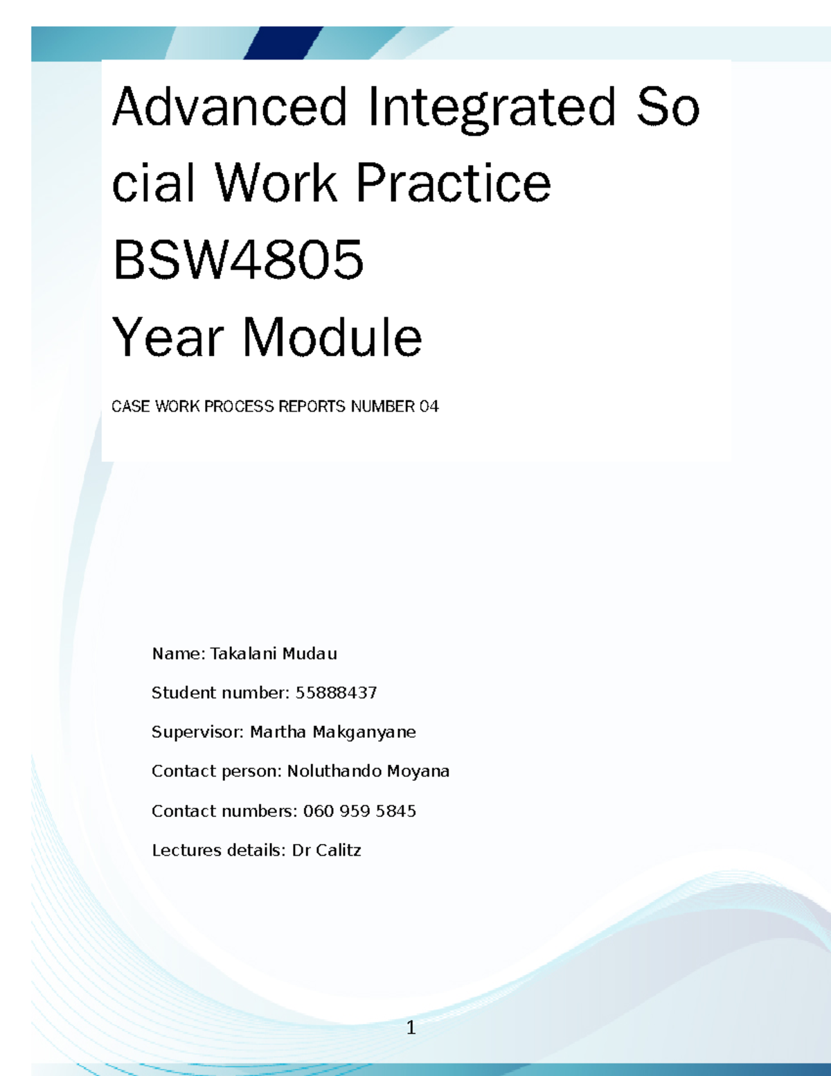 CASE WORK Process Report Number 04 Advanced Integrated So cial Work
