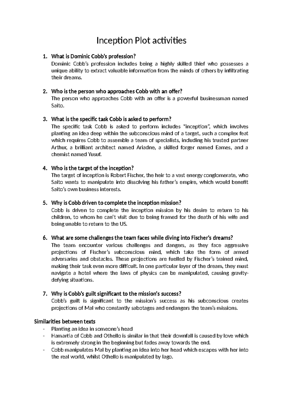 Inception Plot activities - Inception Plot activities What is Dominic ...