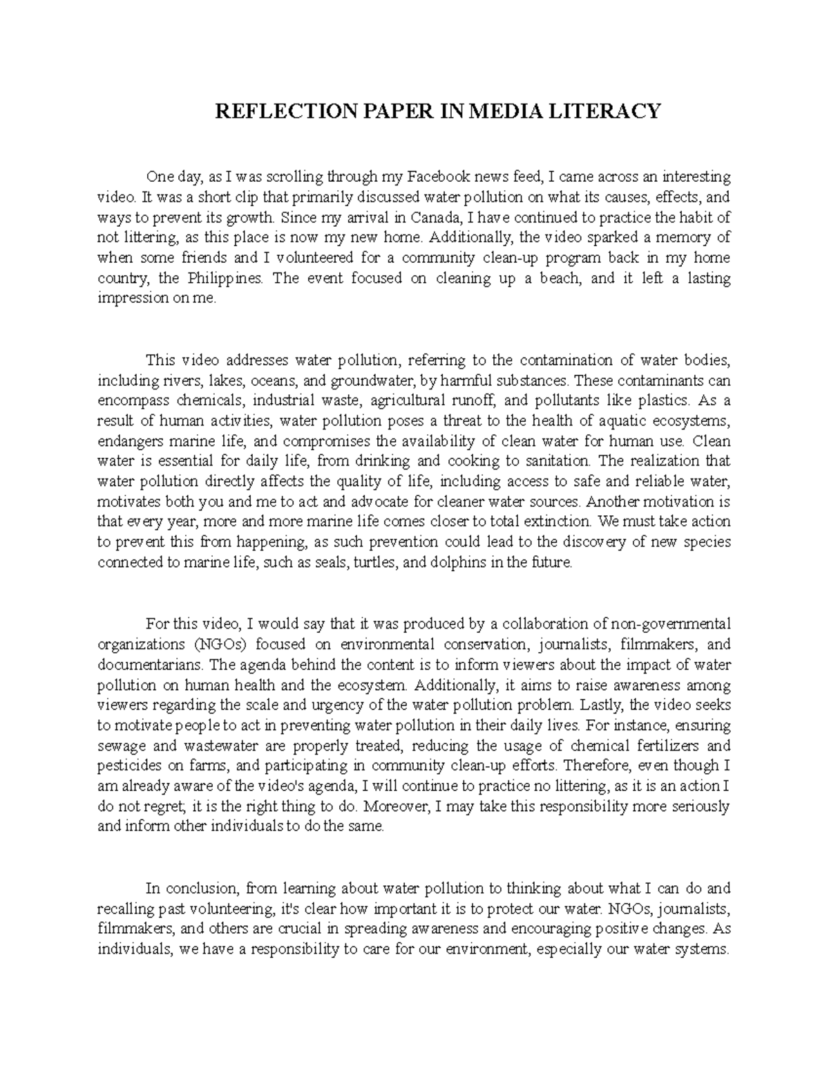 Reflection To Media Literacy REFLECTION PAPER IN MEDIA LITERACY One