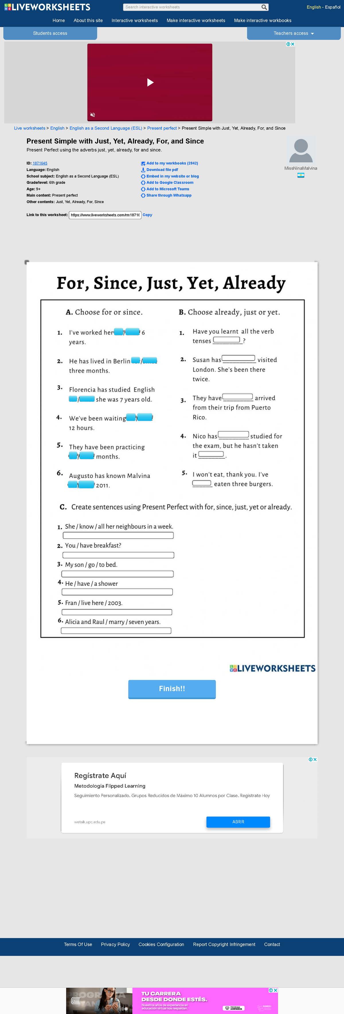 Present Simple with Just, Yet, Already, For, and Since worksheet ...