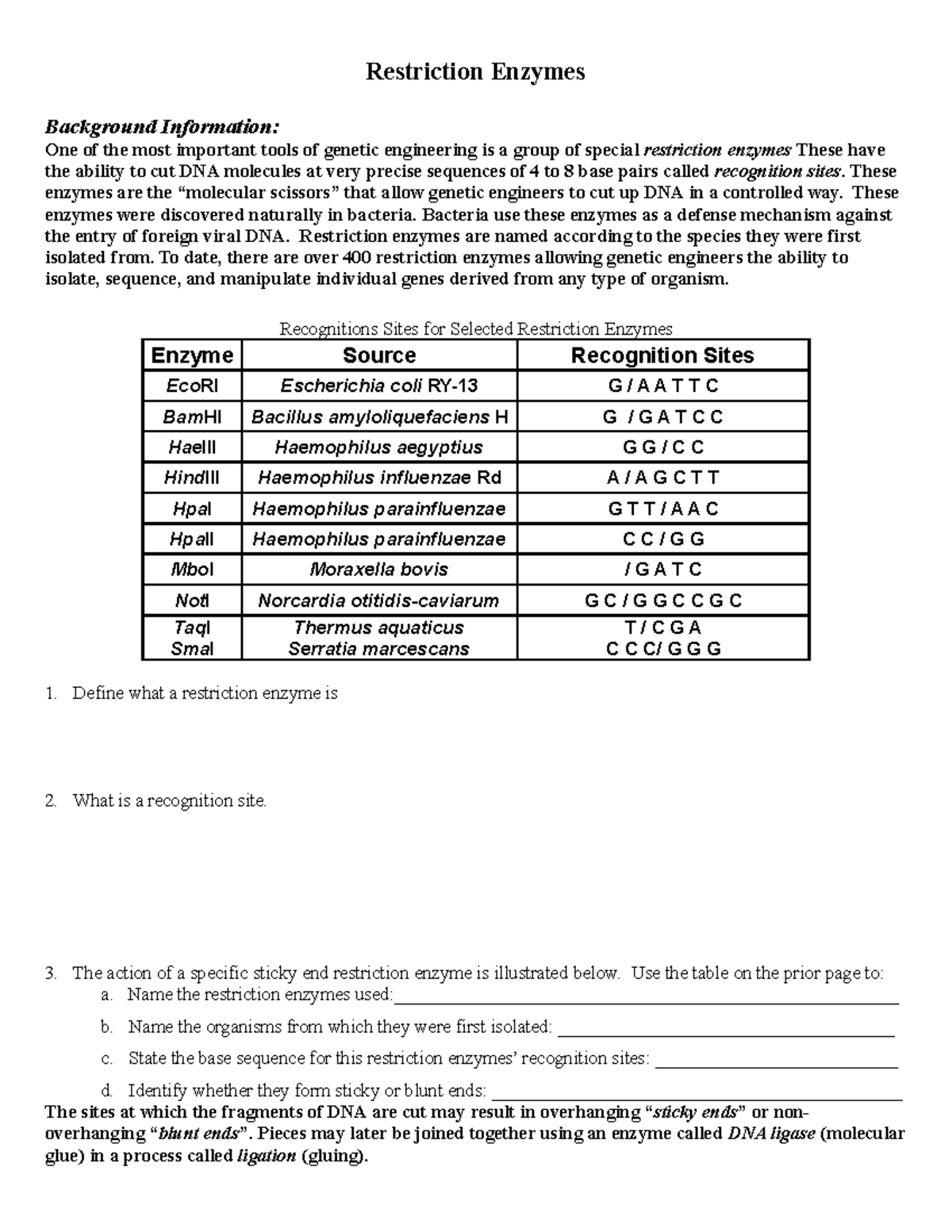 Engineering Worksheets Accelerated Restriction Enzymes Background Information One of