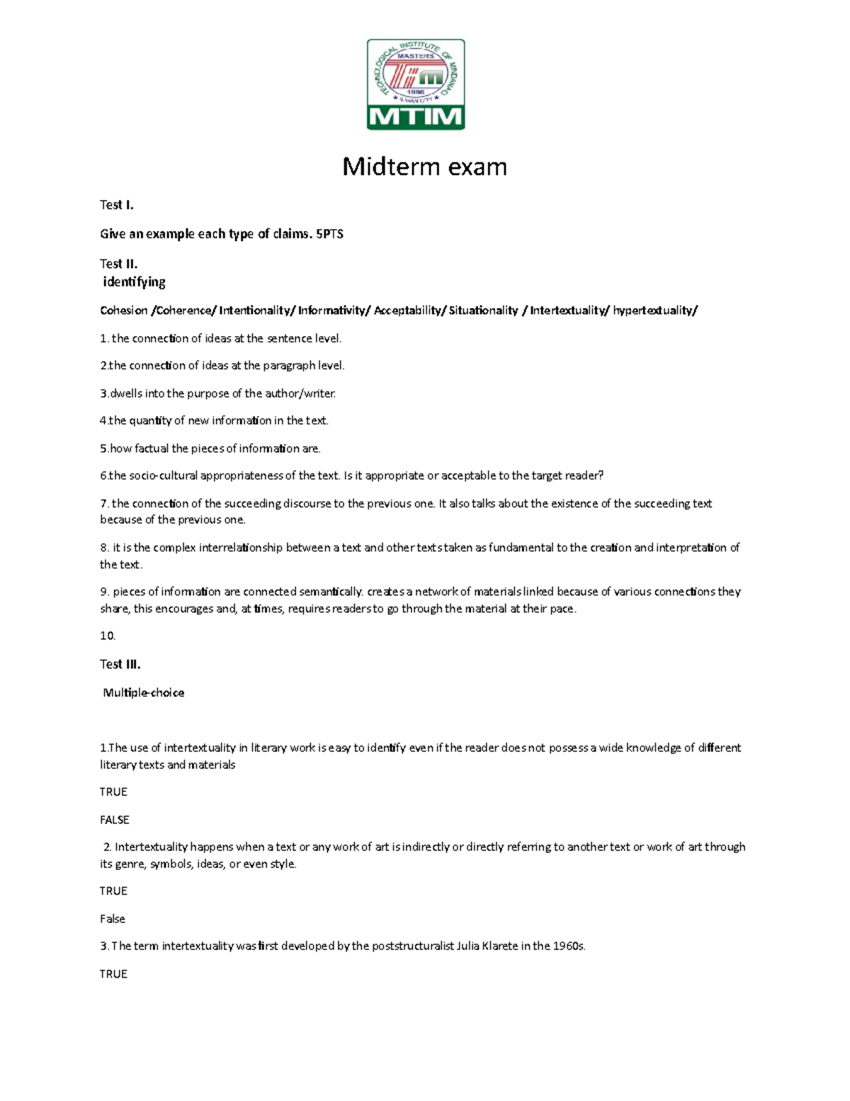 Midterm exam Reading AND Writing Midterm exam Test I. Give an example