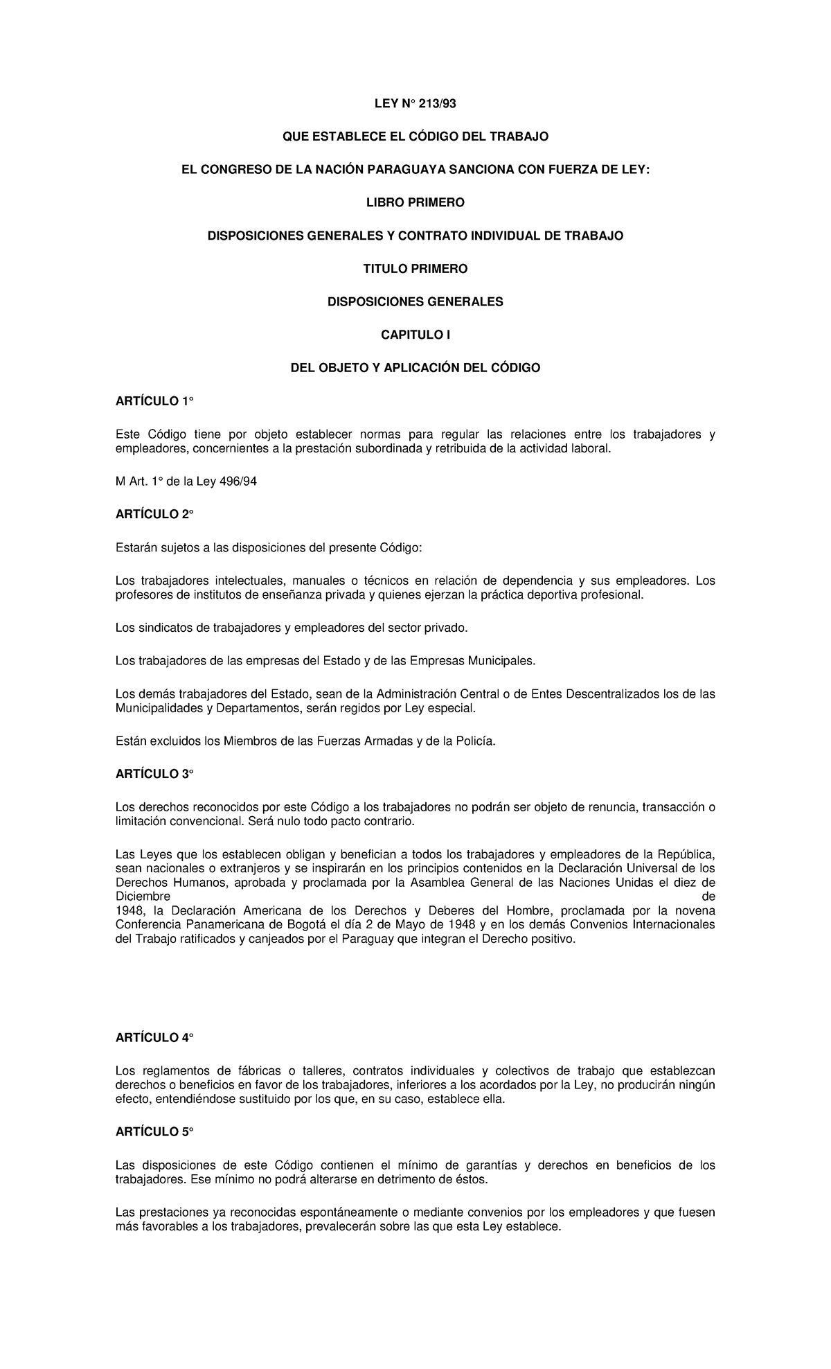 Codigo de Trabajo 2 - LEY N° 213/ QUE ESTABLECE EL CÓDIGO DEL TRABAJO ...