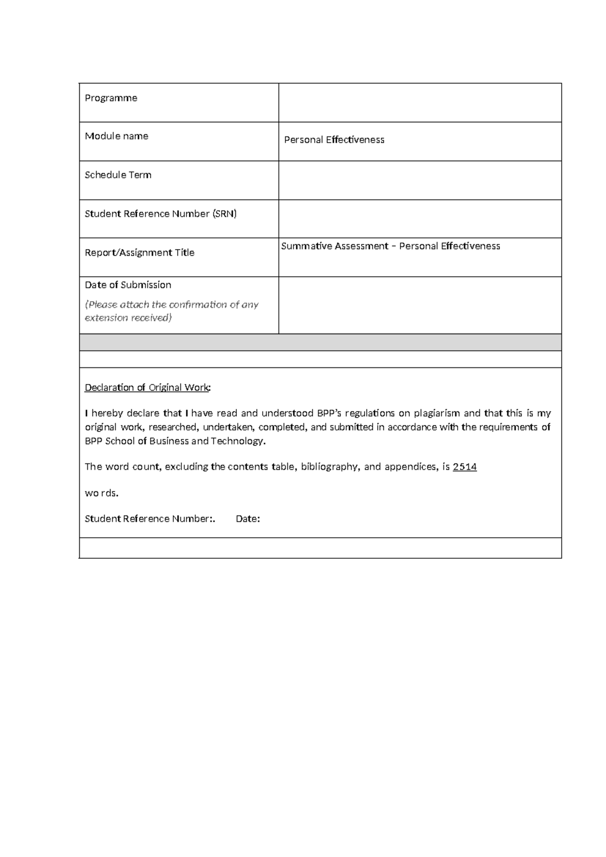 Personal Effectiveness Summative - Programme Module name Personal ...