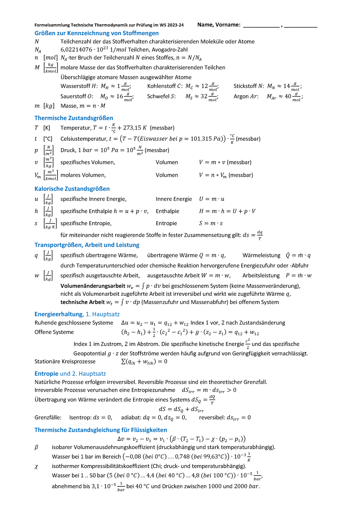 Formelsammlung Zur Thermodynamikprüfung WS 2023-24 - Formelsammlung ...