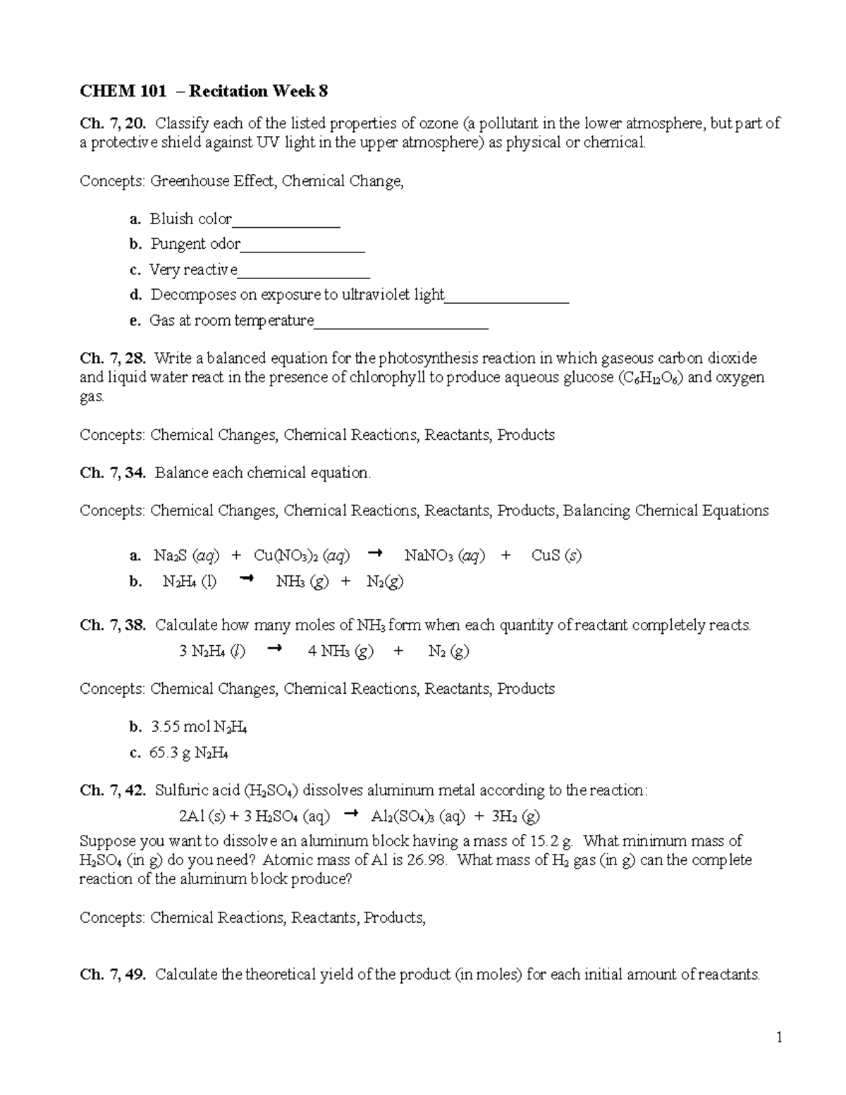 CHEM 101 Recitation Week 8 - CHEM 101 – Recitation Week 8 Ch. 7, 20 ...