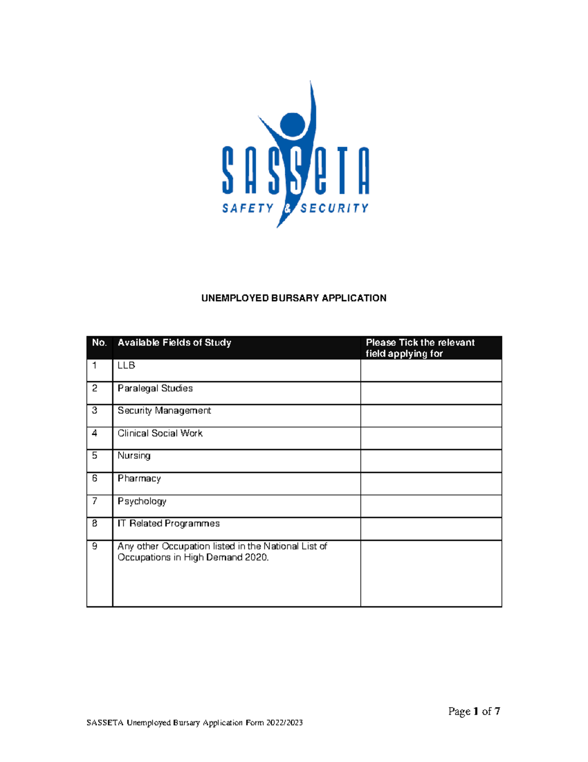 Sasseta Bursary Application Form 2022 - Page 1 of 7 UNEMPLOYED BURSARY ...