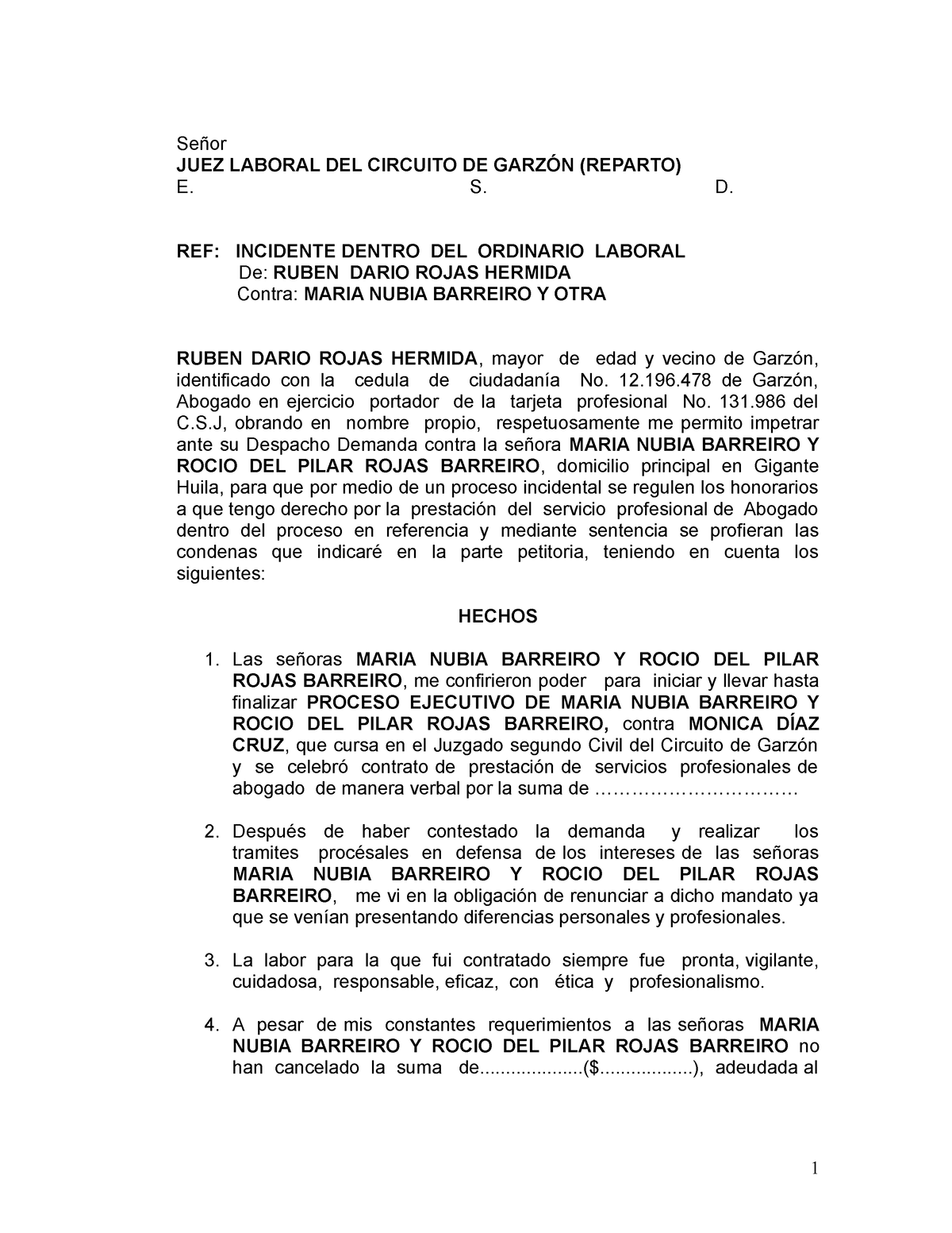 Modelo Incidente De Regulacion Honorarios Profesionales Señor Juez Laboral Del Circuito De