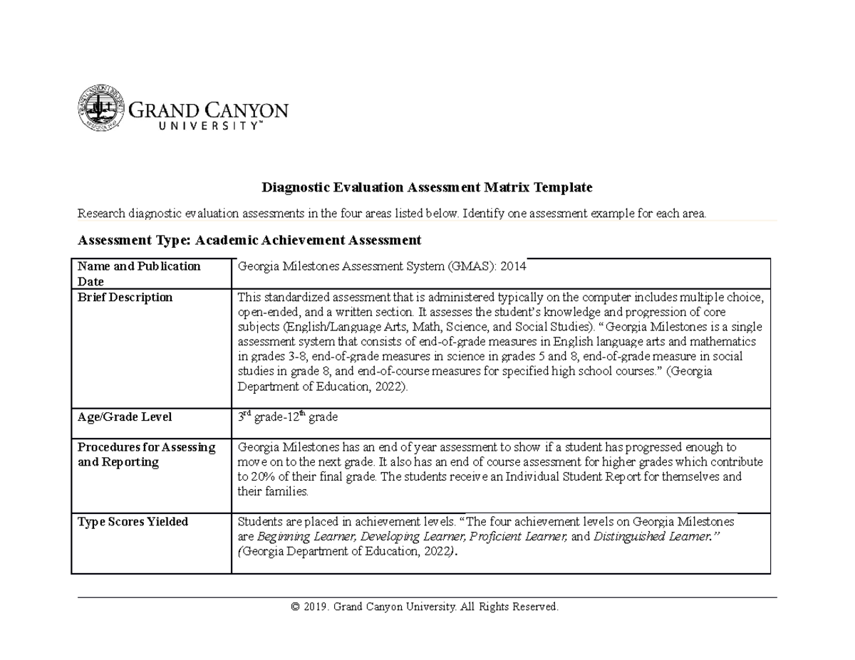 Diagnostic Evaluation Assessment Matrix - Identify One Assessment ...