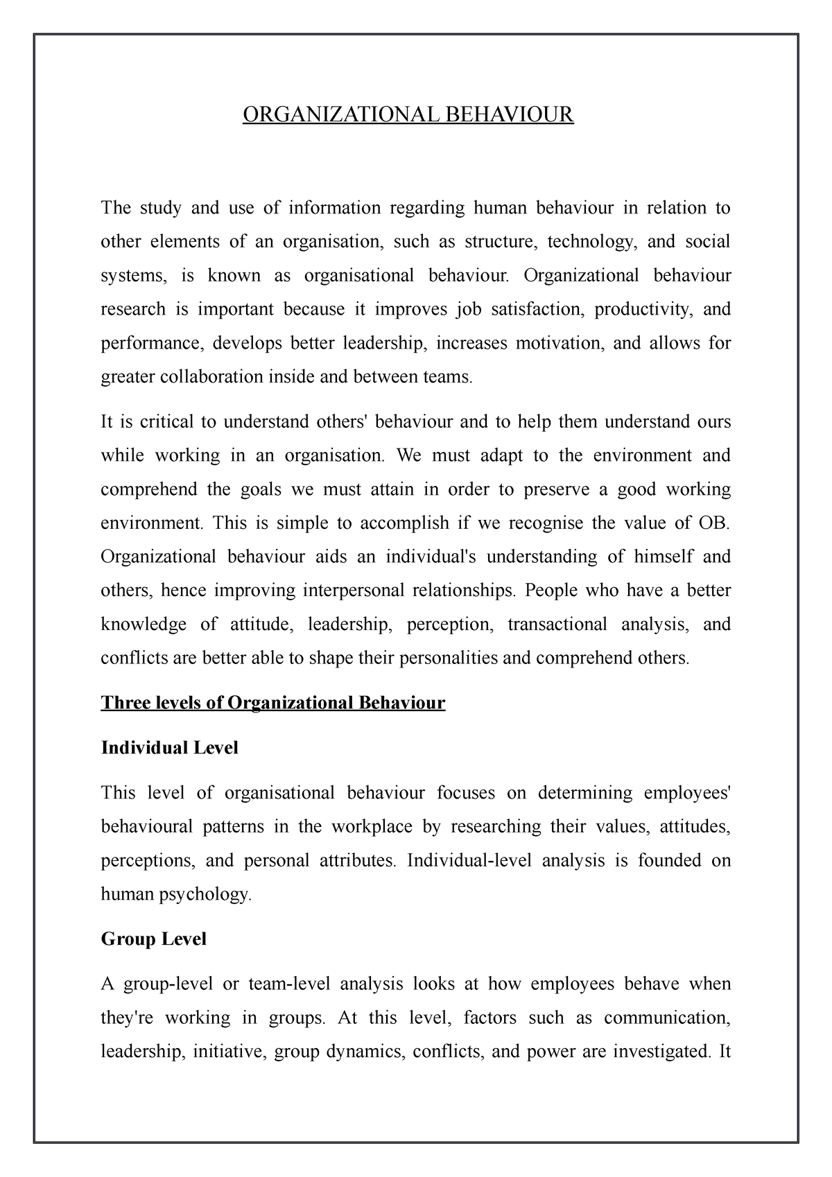 importance of organizational behavior essay