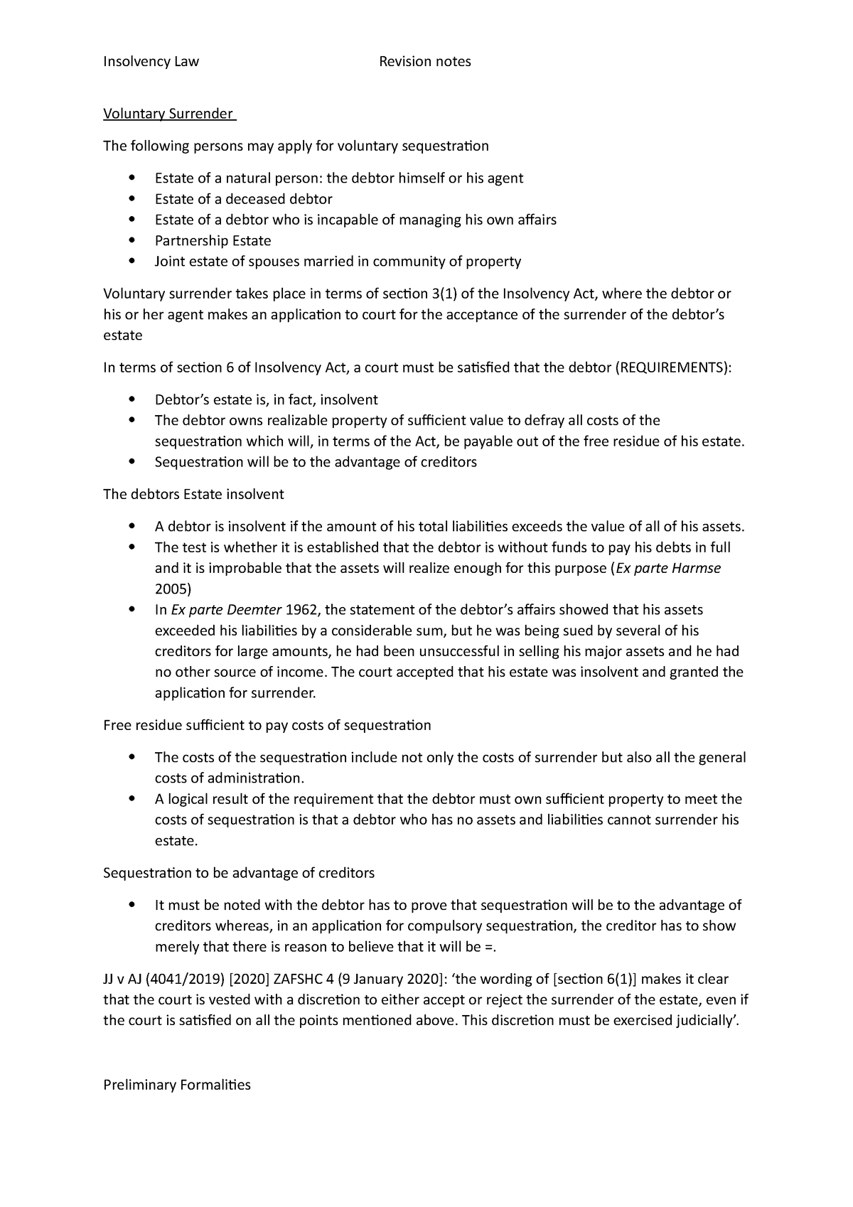 Voluntary Surrender - Insolvency Law Revision notes Voluntary Surrender ...