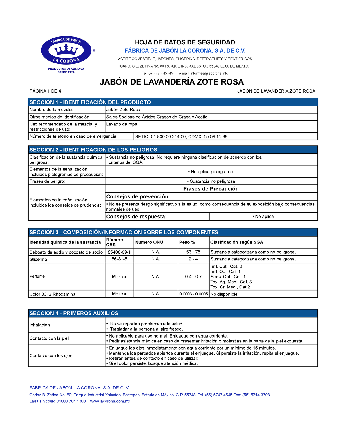 HDS Jabon ZOTE - hojas de datos de seguridad - HOJA DE DATOS DE