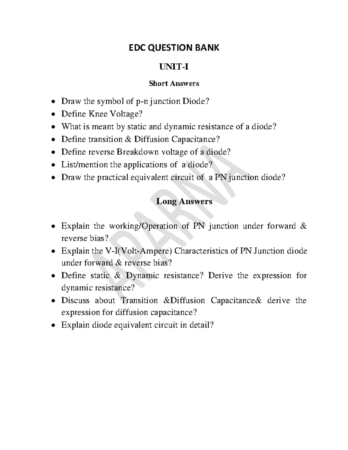 EDC Question BANK Edc EDC QUESTION BANK UNITI Short Answers Draw